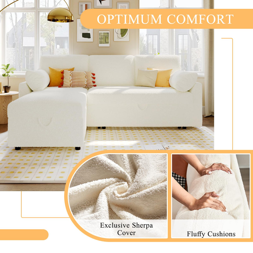 PaPaJet Sofa Bed, Sleeper Sofa with Storage Chaise, L Shaped Sofa with Pull Out Bed, Oversized Sofas for Living Room, Beige