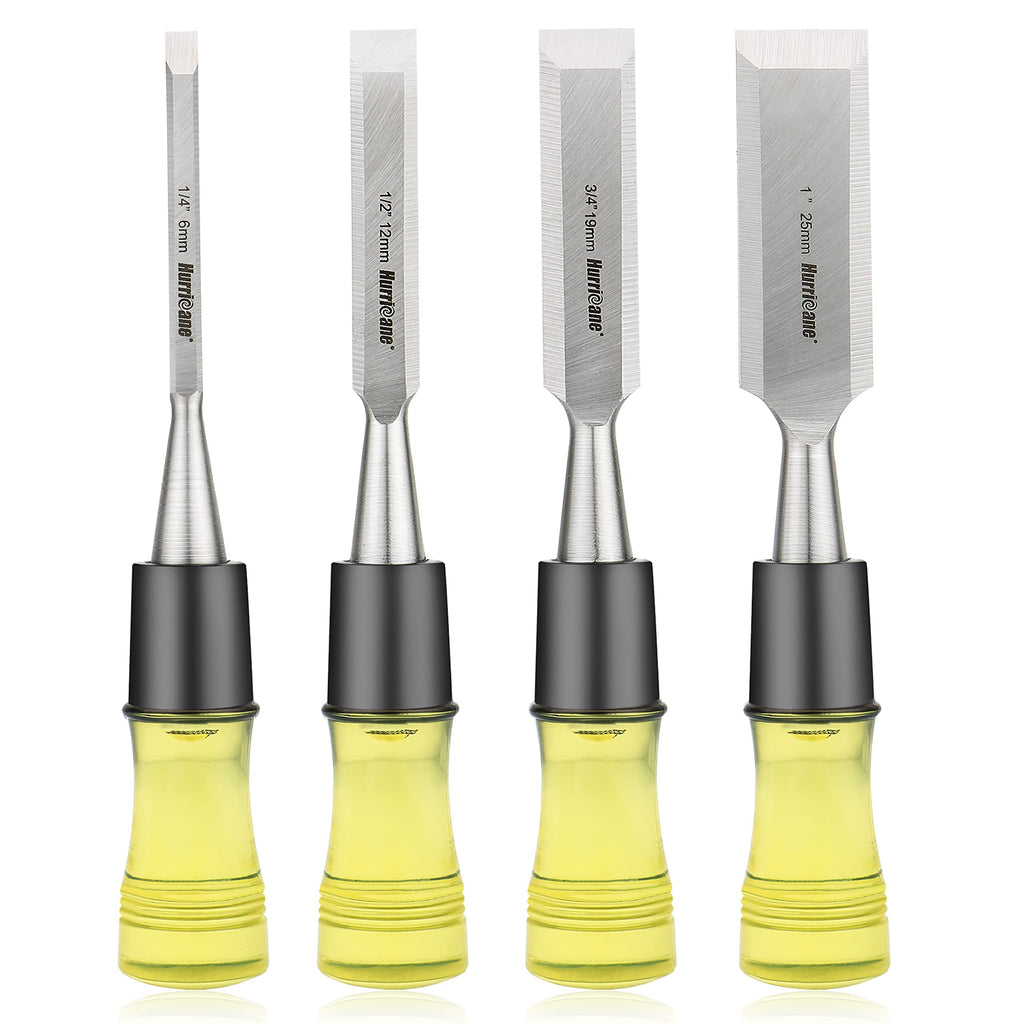 HURRICANE 4 Piece Wood Chisel Set for Woodworking. CR-V Steel Beveled Edge Blades with Safety Caps. Extra Large Grip, Impact-Resistant PVC Handle Chisels (1/4", 1/2", 3/4", 1")