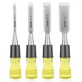 HURRICANE 4 Piece Wood Chisel Set for Woodworking. CR-V Steel Beveled Edge Blades with Safety Caps. Extra Large Grip, Impact-Resistant PVC Handle Chisels (1/4", 1/2", 3/4", 1")