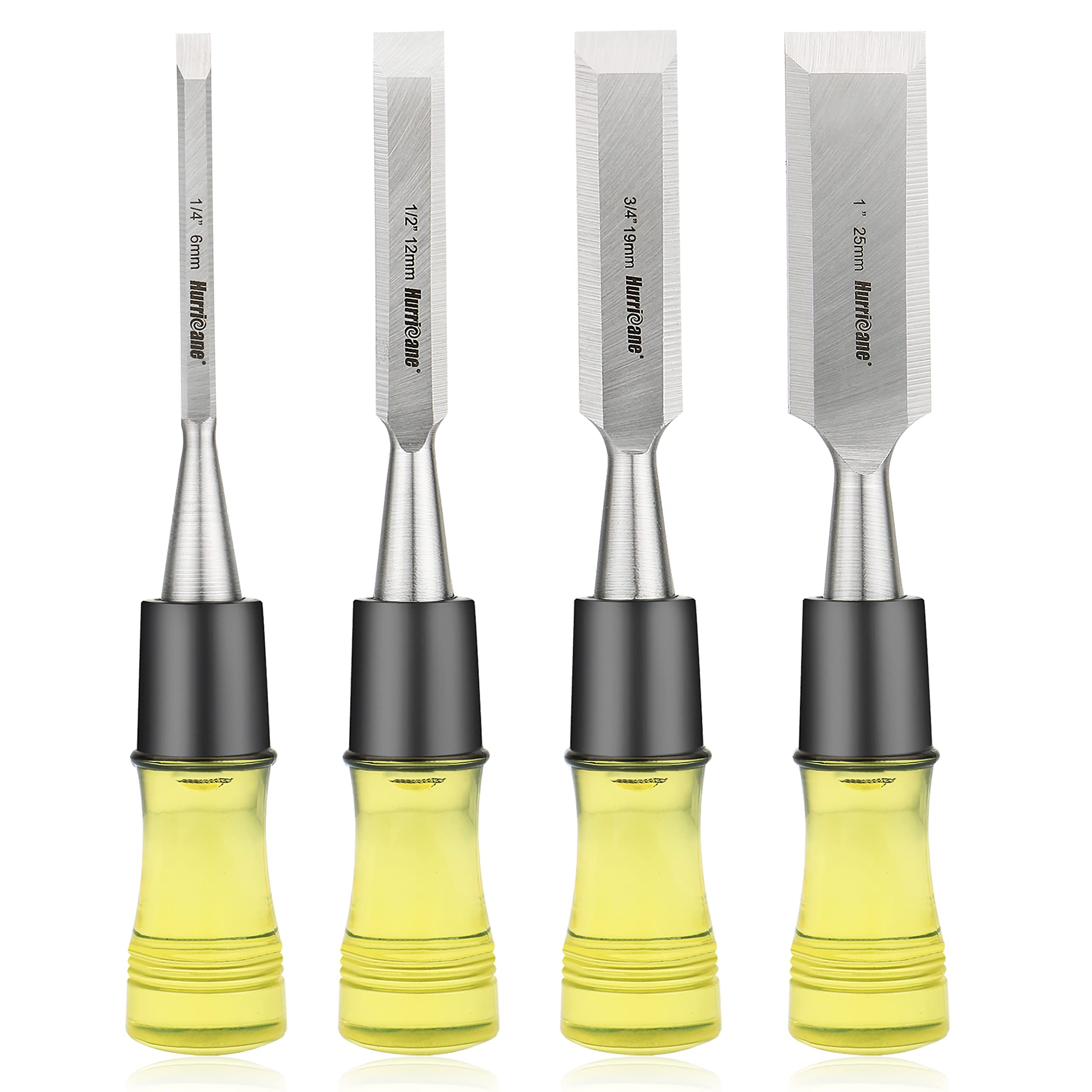 HURRICANE 4 Piece Wood Chisel Set for Woodworking. CR-V Steel Beveled Edge Blades with Safety Caps. Extra Large Grip, Impact-Resistant PVC Handle Chisels (1/4", 1/2", 3/4", 1")