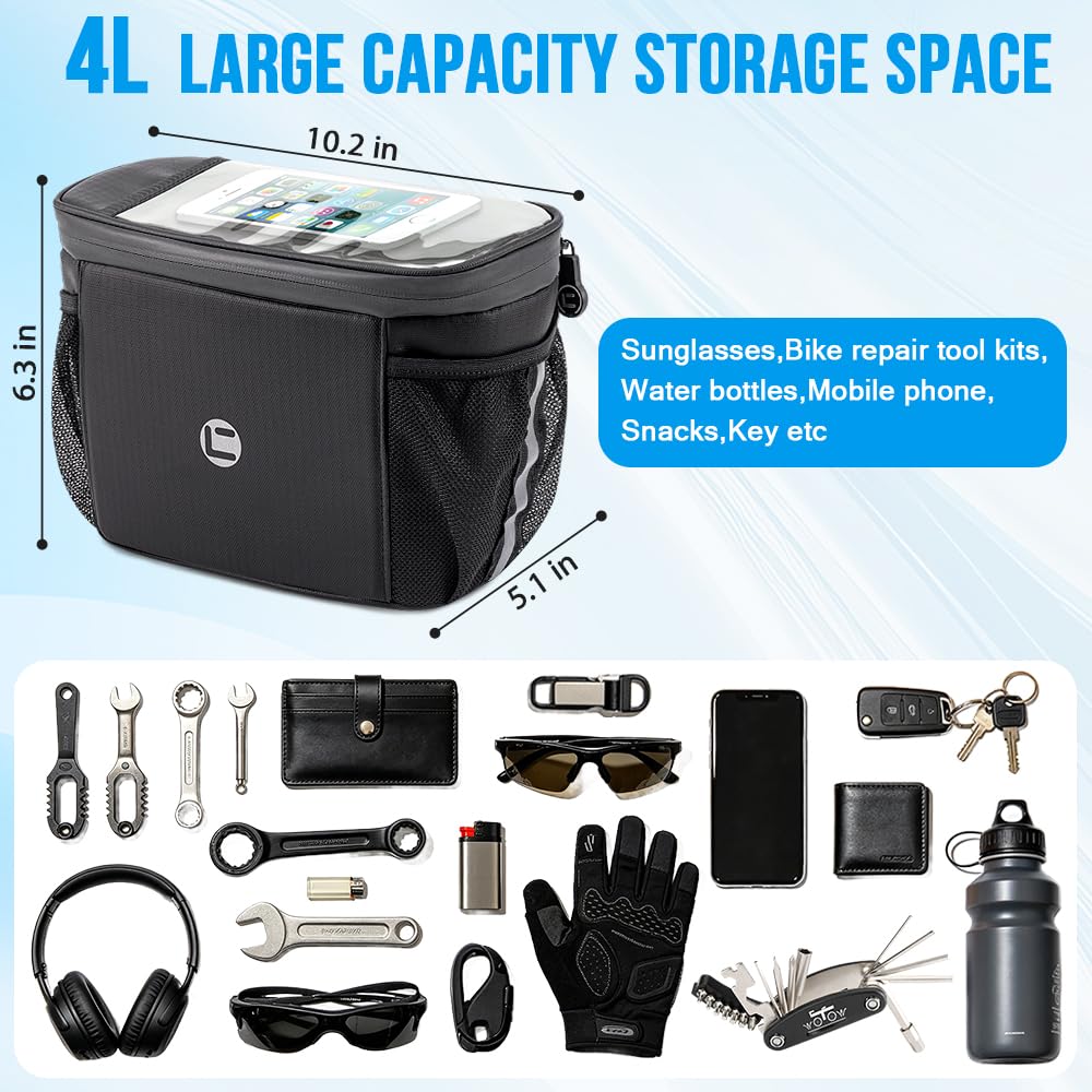 WOTOW Bike Handlebar Insulated Bag, Bike Front Phone Bag Cooler Storage Pouch With TPU Touch Screen Insulation Bicycle Frame Bag Strap On Cycling Accessories for Outdoor Hiking Travel Assistants