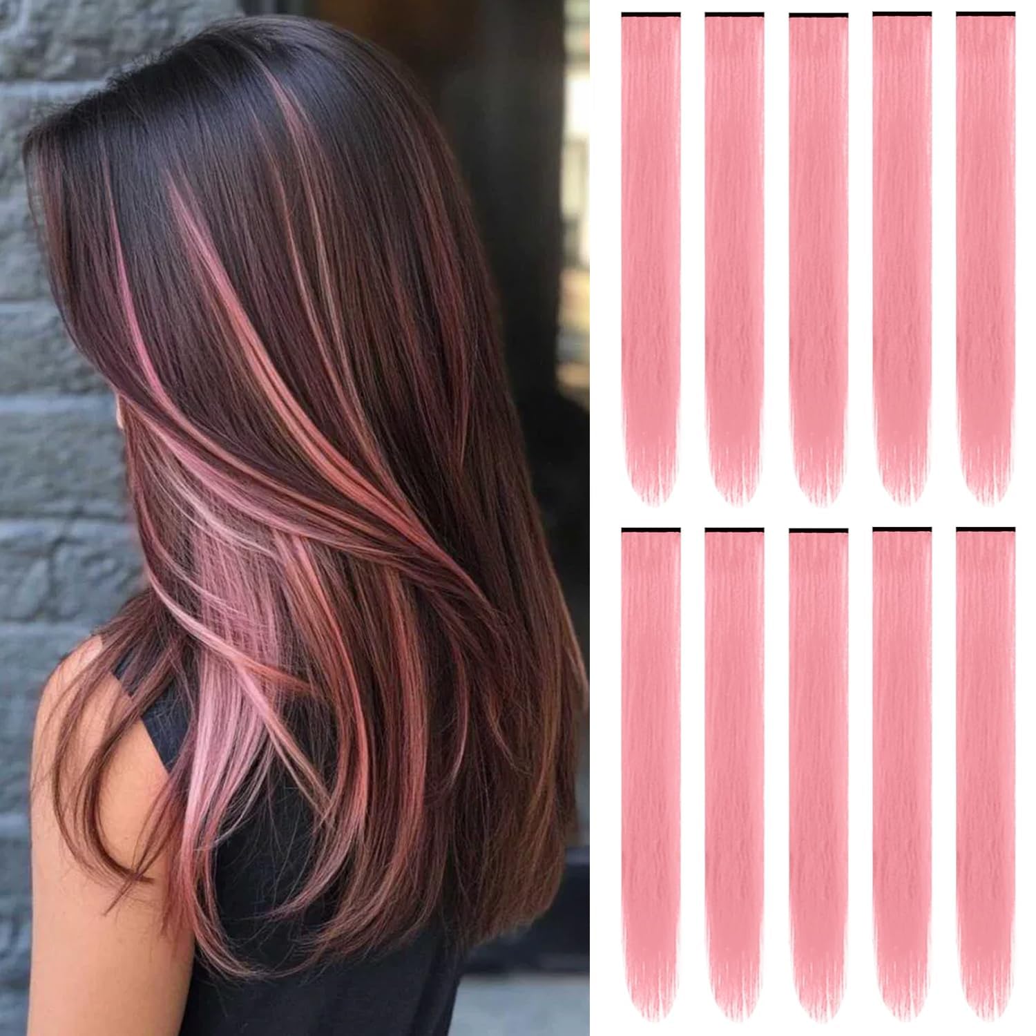 22 inch Colored Hair Extensions,Colorful Clip in Long Straight Synthetic Hair Extensions,Color Party Highlights Hairpieces for Women Girls Cosplay Styling(10 PCS Black)