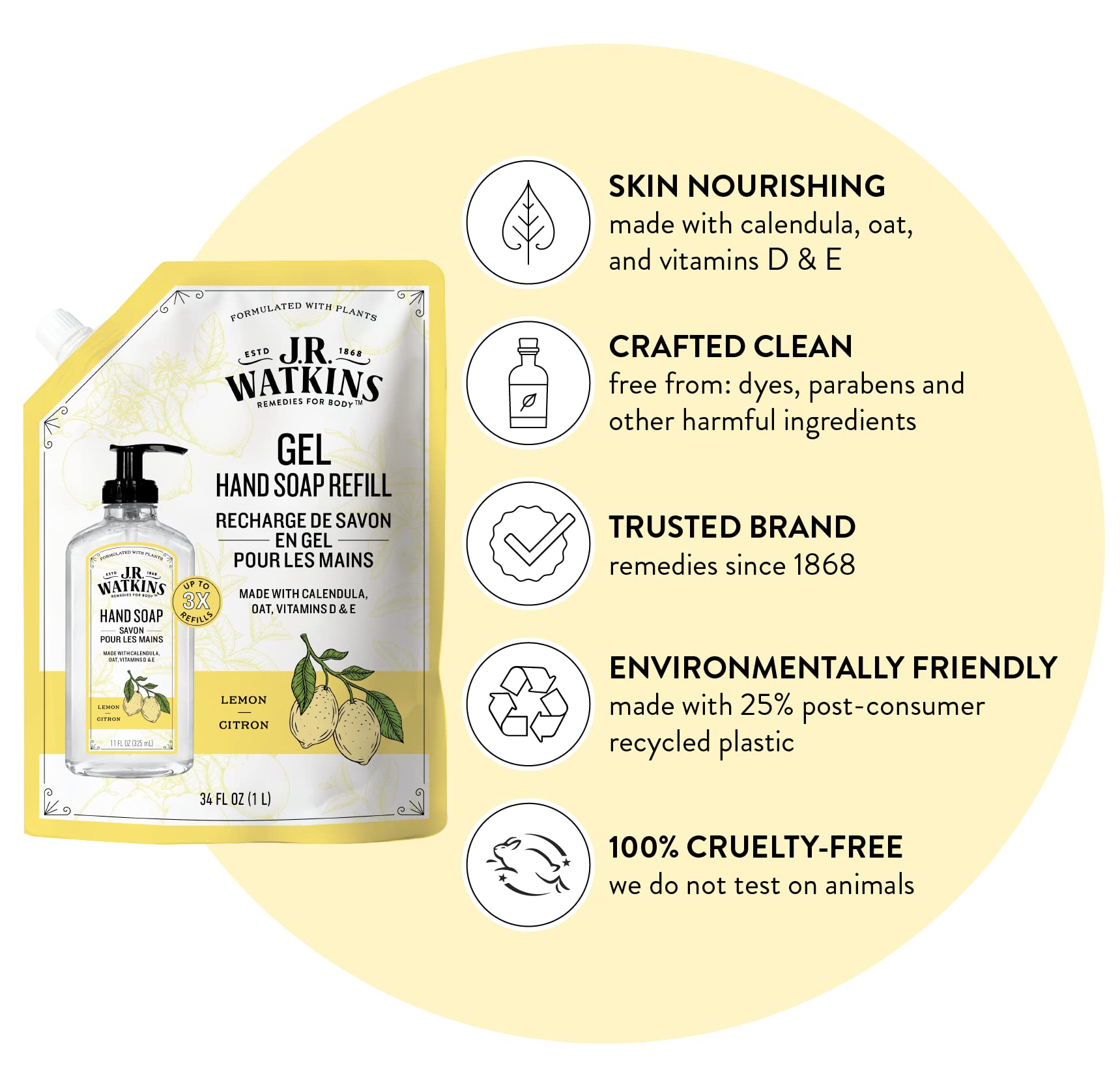 J.R. Watkins Gel Hand Soap Refill, Moisturizing Hand Wash, Formulated with Plant-Based Cleansers, Alcohol-Free, Cruelty-Free, Aloe & Green Tea, 34 Fl Oz, 2 Pack