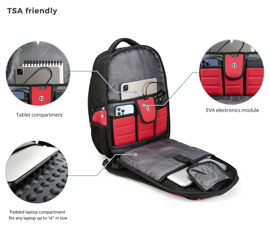Swissdigital Design Travel Backpack for Women or Men, TSA Friendly USB Charging RFID Protection Business Carry on Bag Fits 15.6" Laptop Backpack Black | J14-BR