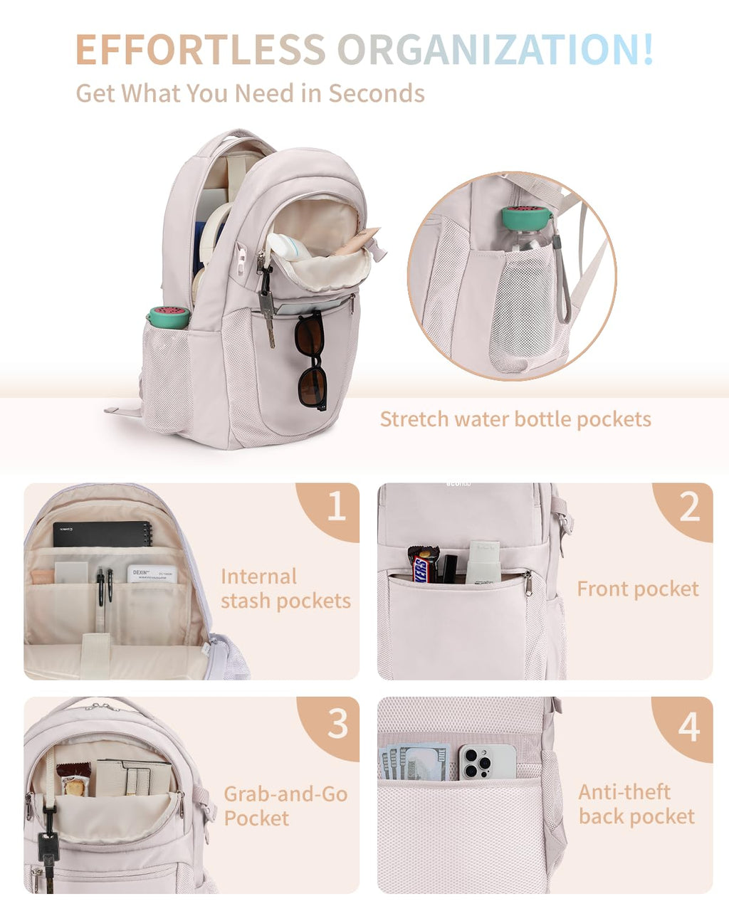 ECOHUB Travel Backpack for Women, 17.3 inch Suspended Laptop Backpack, Fashion Slim Water-Resistant College Computer Bookbag, 28L Personal Item Bag with 12 Pockets for Causal, Work, Beige