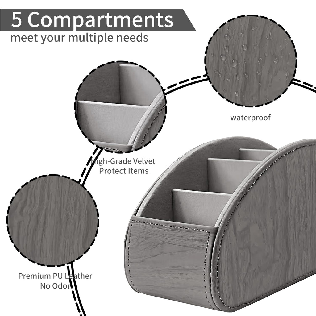 YAPISHI All-in-One Leather Brown TV Remote Holder with 5 Compartments Nightstand Desktop Media Player Remote Caddy Storage Box Organizer Tray for Mobile Office Phone Controller