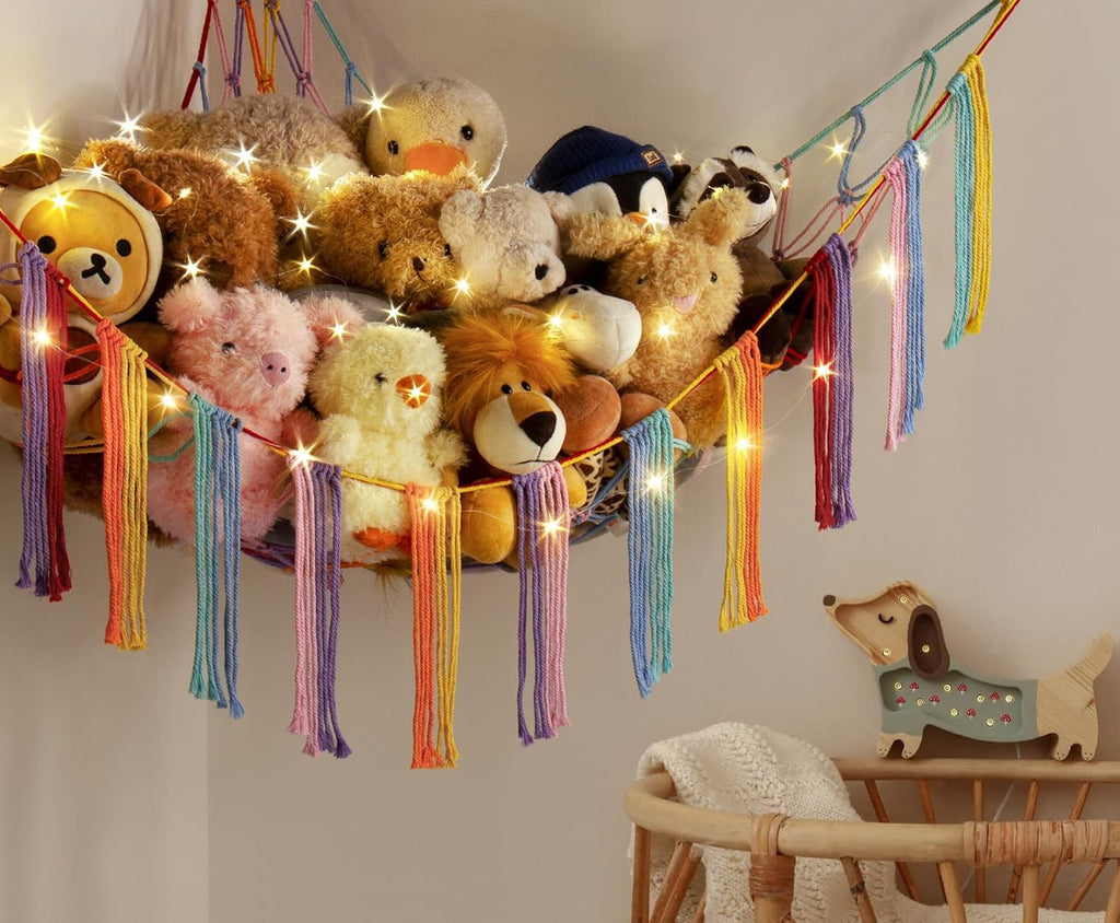 Stuffed Animal Hammock Corner with LED Light - Toy Storage Hammock Plushie Net Large - Cute Stuff Animals Holder Hanging Organizer - Baby Room Decor Kids Toddler Nursery Bedroom Boho