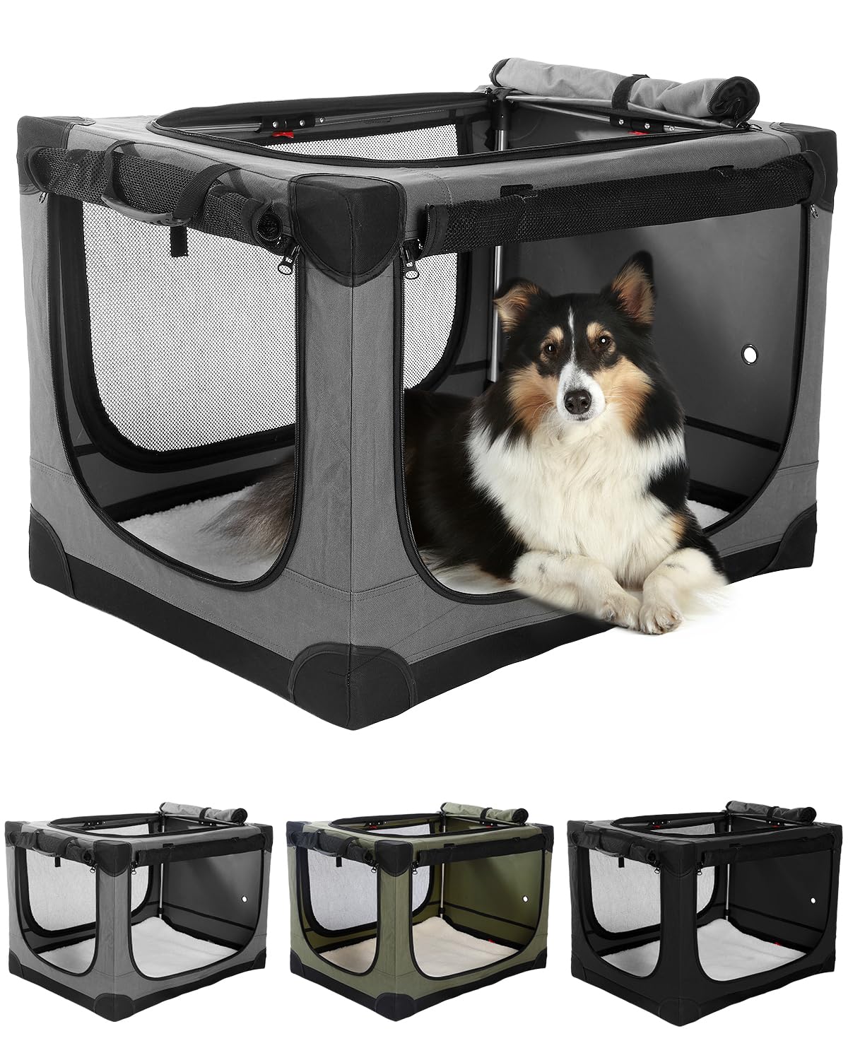Veraste 24" L x 17" W x 17" H Collapsible Travel Dog Crate, Portable Soft Dog Kennel for Small Medium Pets up to 30 lbs, 4-Door Foldable Travel Crate with Durable Mesh & Storage Bag, Black