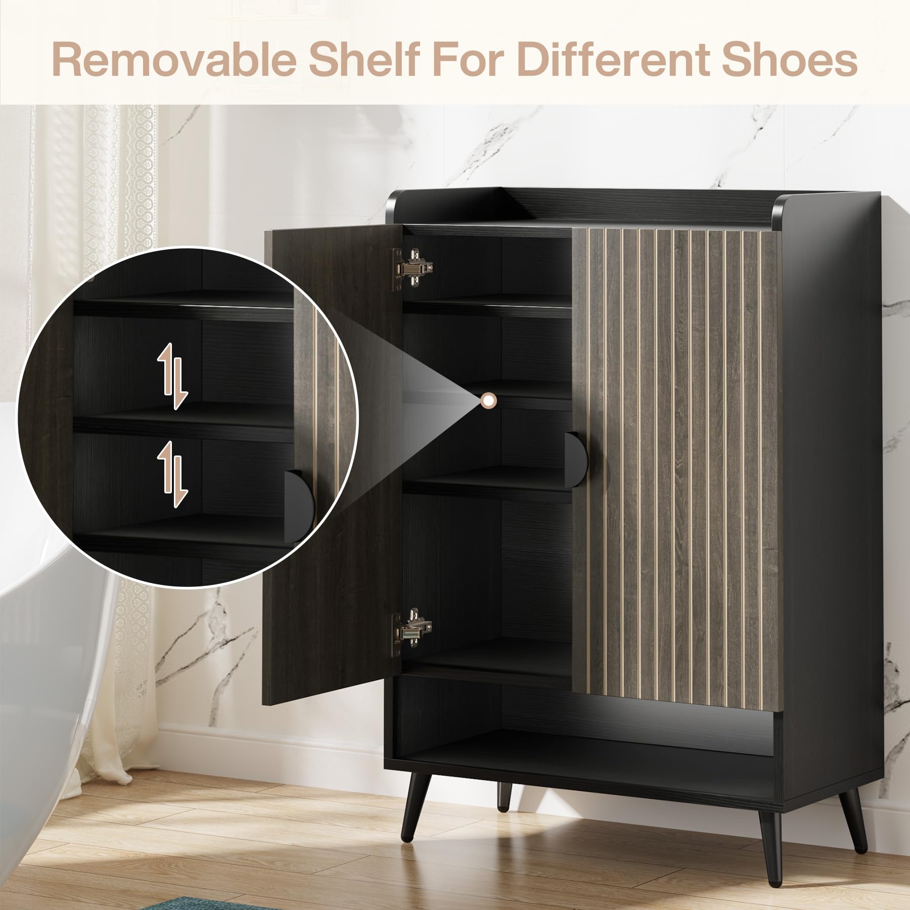 Tribesigns Shoe Cabinet with Doors, 7-Tier Shoe Storage Cabinet with Adjustable Shelves, Wooden Shoes Rack Shoe Storage Organizer for Entryway, Hallway, Closet, Living Room, Black