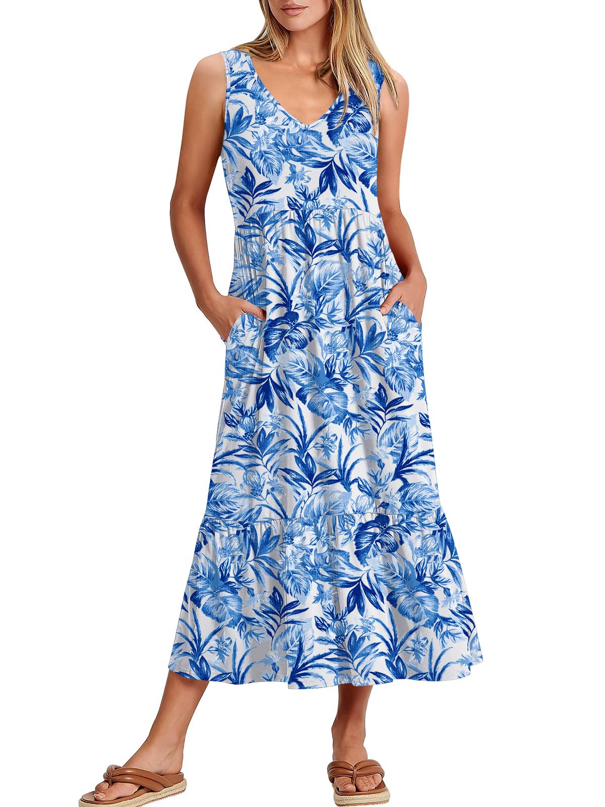 ANRABESS Women Summer Maxi Dresses A-line Tiered Flowy V Neck Sleeveless Swing 2026 Casual Beach Travel Sundress with Pockets