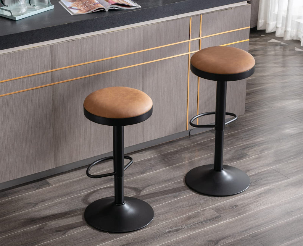 EALSON Modern Swivel Bar Stool Adjustable Counter Height Backless Barstools with Metal Base Leather Upholstered Round Bar Stool Chairs for Kitchen Island/Pub/Breakfast Bar, Beige 1PC