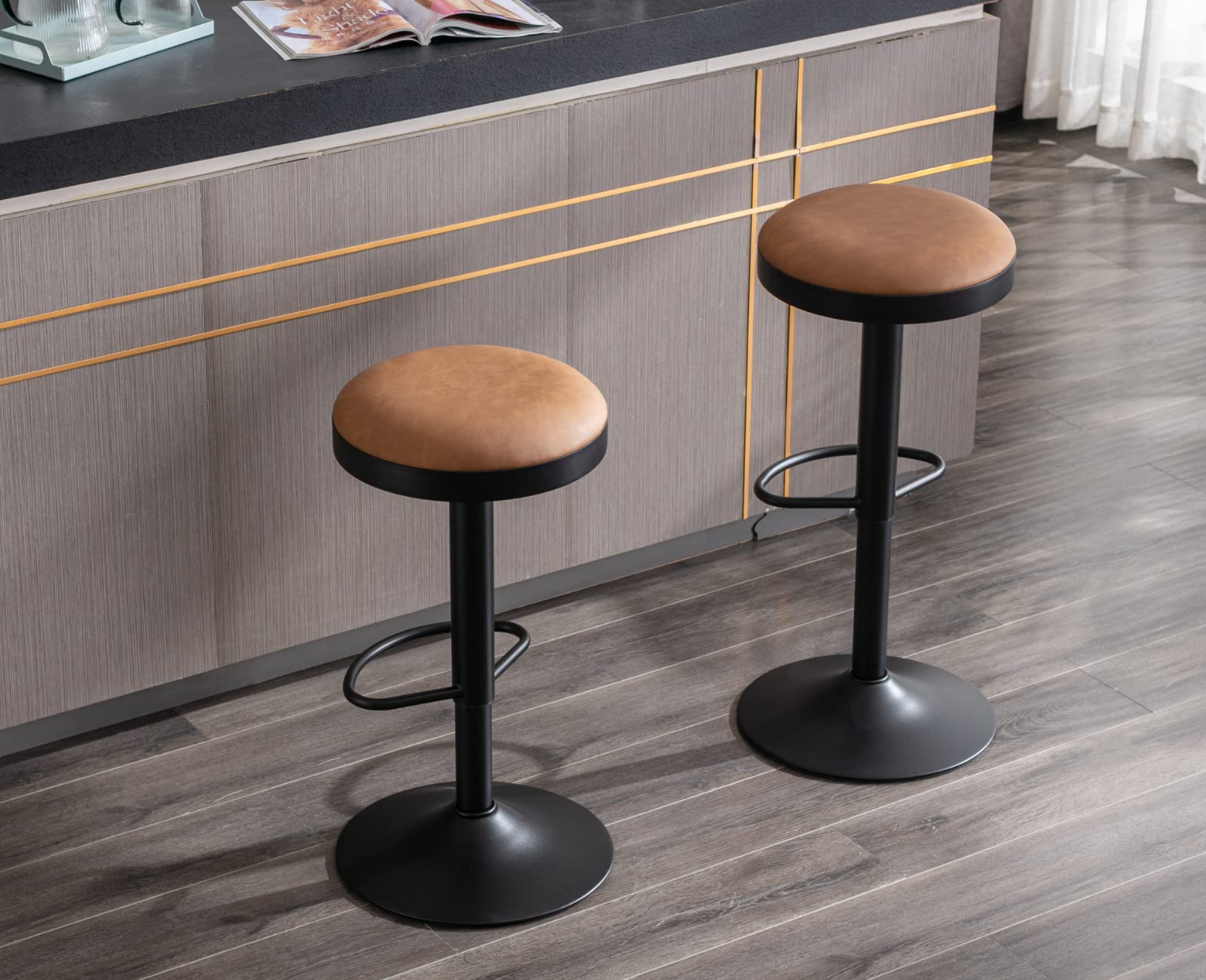 EALSON Modern Swivel Bar Stool Adjustable Counter Height Backless Barstools with Metal Base Leather Upholstered Round Bar Stool Chairs for Kitchen Island/Pub/Breakfast Bar, Beige 1PC