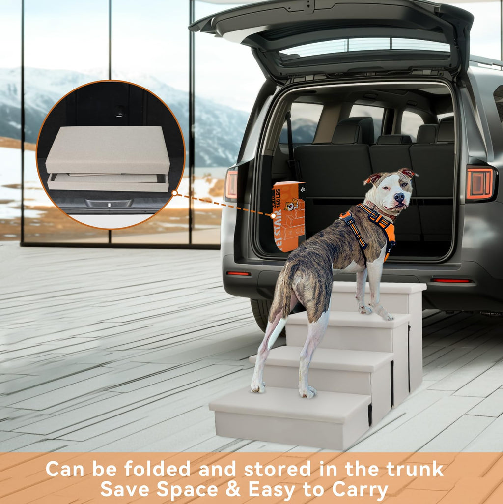 Zerbuger Dog Stairs with Condo 15" H, 2-Step Wider Dog Steps for Small/Medium/Large Old Dogs Cats, Folding Sturdy Storage Pet Stairs Climbing Bed Couch, Ramp for Car Hold Up to 150 lbs, Beige