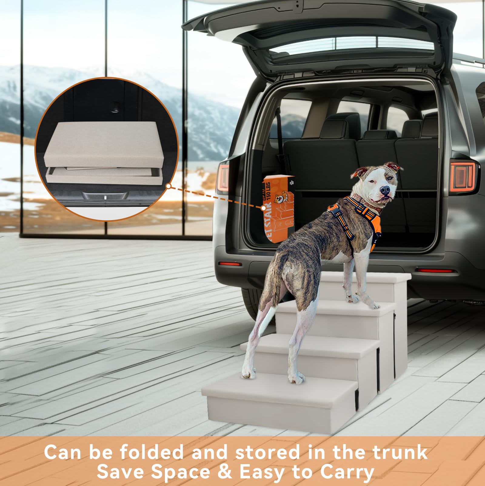 Zerbuger Dog Stairs with Condo 15" H, 2-Step Wider Dog Steps for Small/Medium/Large Old Dogs Cats, Folding Sturdy Storage Pet Stairs Climbing Bed Couch, Ramp for Car Hold Up to 150 lbs, Beige