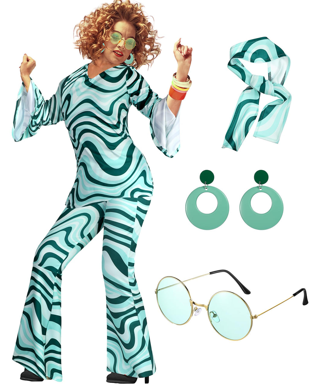 Leumoi 6 Pcs 60s 70s Disco Outfit Women Hippie Costume Accessories Flared Pants Headband Earrings Sunglass