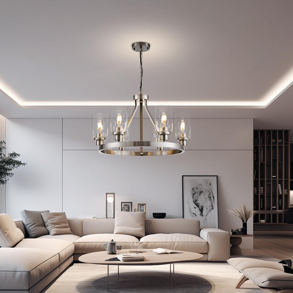 Lanhall 6-Light Modern Dining Room Light Fixture Brushed Nickel Kitchen Chandelier Ceiling Hanging Pendant Lighting with Glass Shade for Living Room Bedroom Entryway Adjustable Height Metal E26