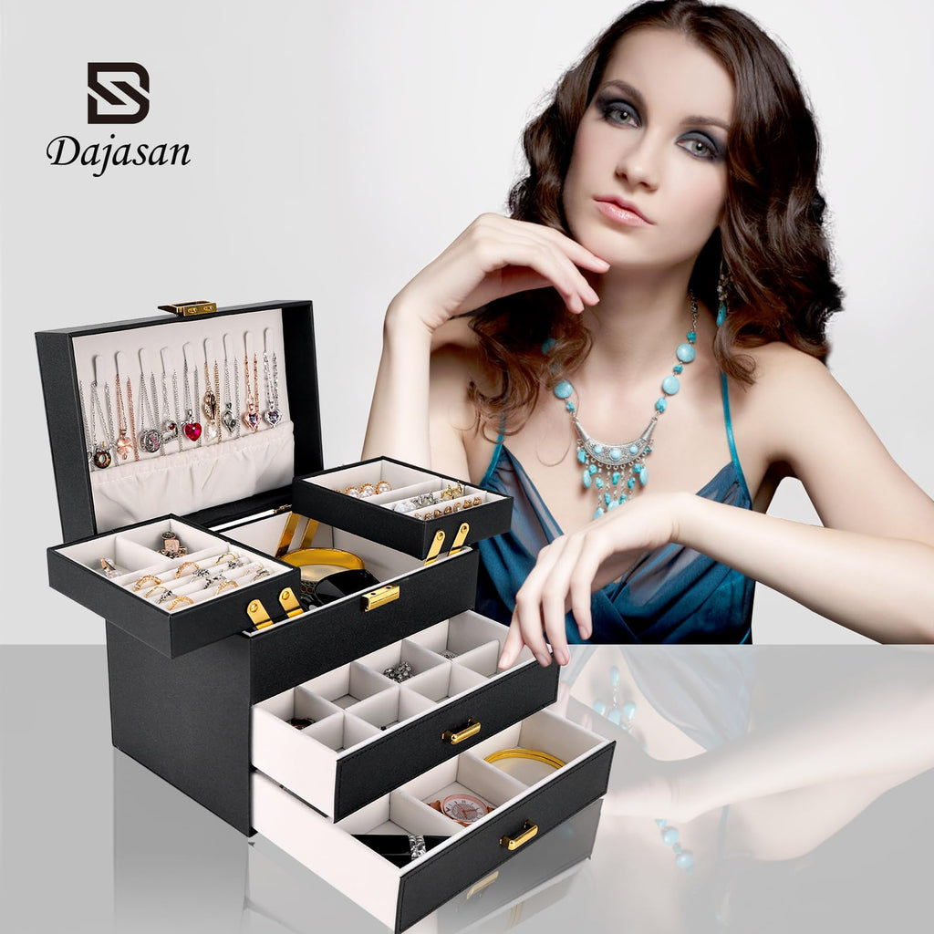 Dajasan Jewelry Organizer Box, Large Jewelry Boxes for Women Girls, Space-Saving 4 Layers Jewelry Storage Case with Drawer, Movable Metal Stand, Modern, Gift Idea (Green)