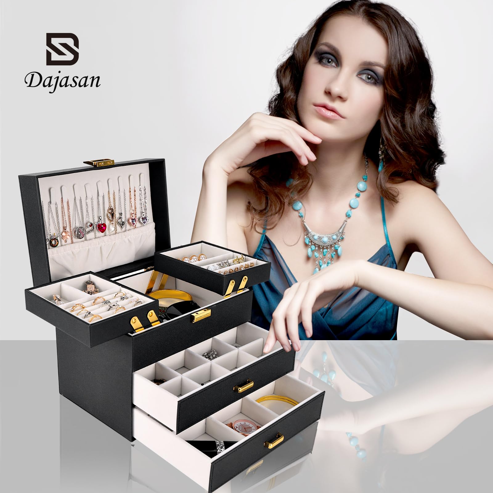 Dajasan Jewelry Organizer Box, Large Jewelry Boxes for Women Girls, Space-Saving 4 Layers Jewelry Storage Case with Drawer, Movable Metal Stand, Modern, Gift Idea (Green)