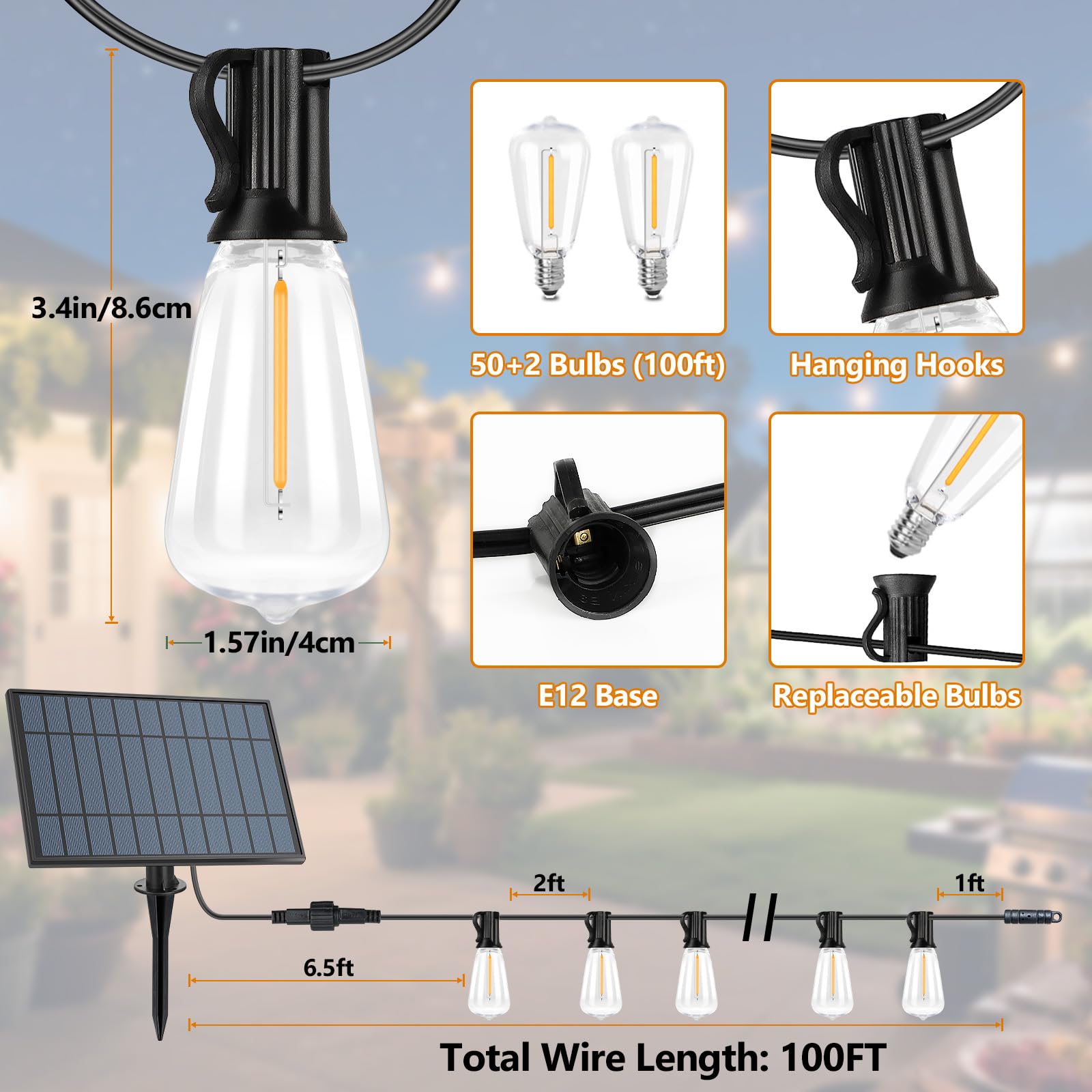 50 FT Solar String Lights for Outside, Solar Powered Outdoor String Lights with 26 Shatterproof Edison Bulbs, Dimmable Patio Lights Waterproof with Remote Timer for Wedding Backyard(Warm White)
