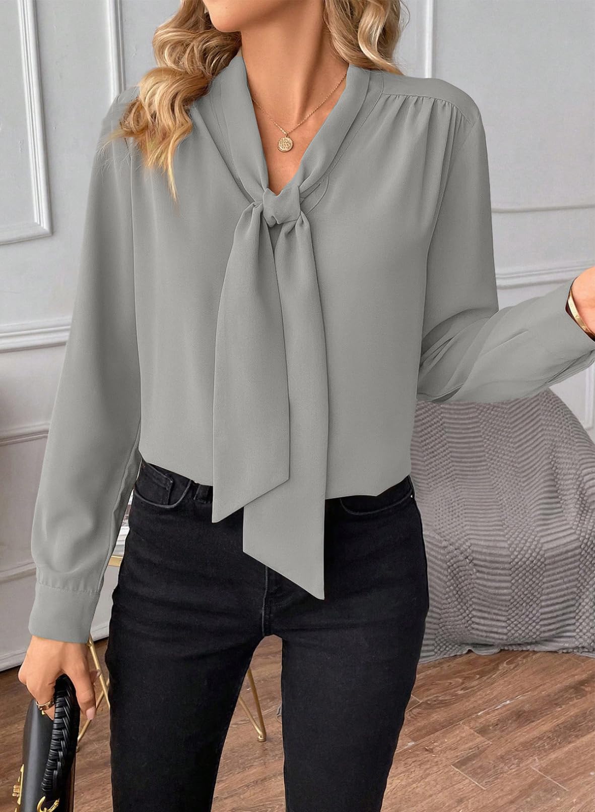 Astylish Women's Bow Tie Neck Tops 2026 Long Sleeve Dressy Loose Casual Elegant Business Work Blouses Shirts