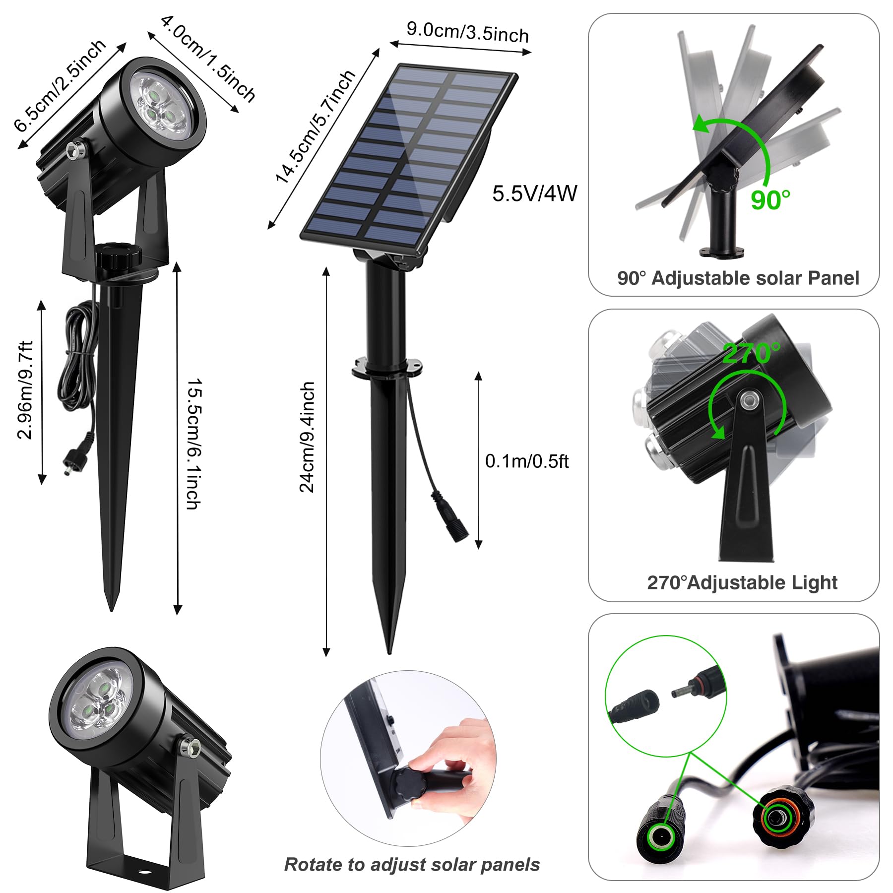 Solar Spot Lights Outdoor, Solar Landscape Spotlights IP65 Waterproof 9.8ft Cable,Auto On/Off Outdoor Wall Lights for Garden Yard Driveway Porch Walkway Pool (3000K Warm White)