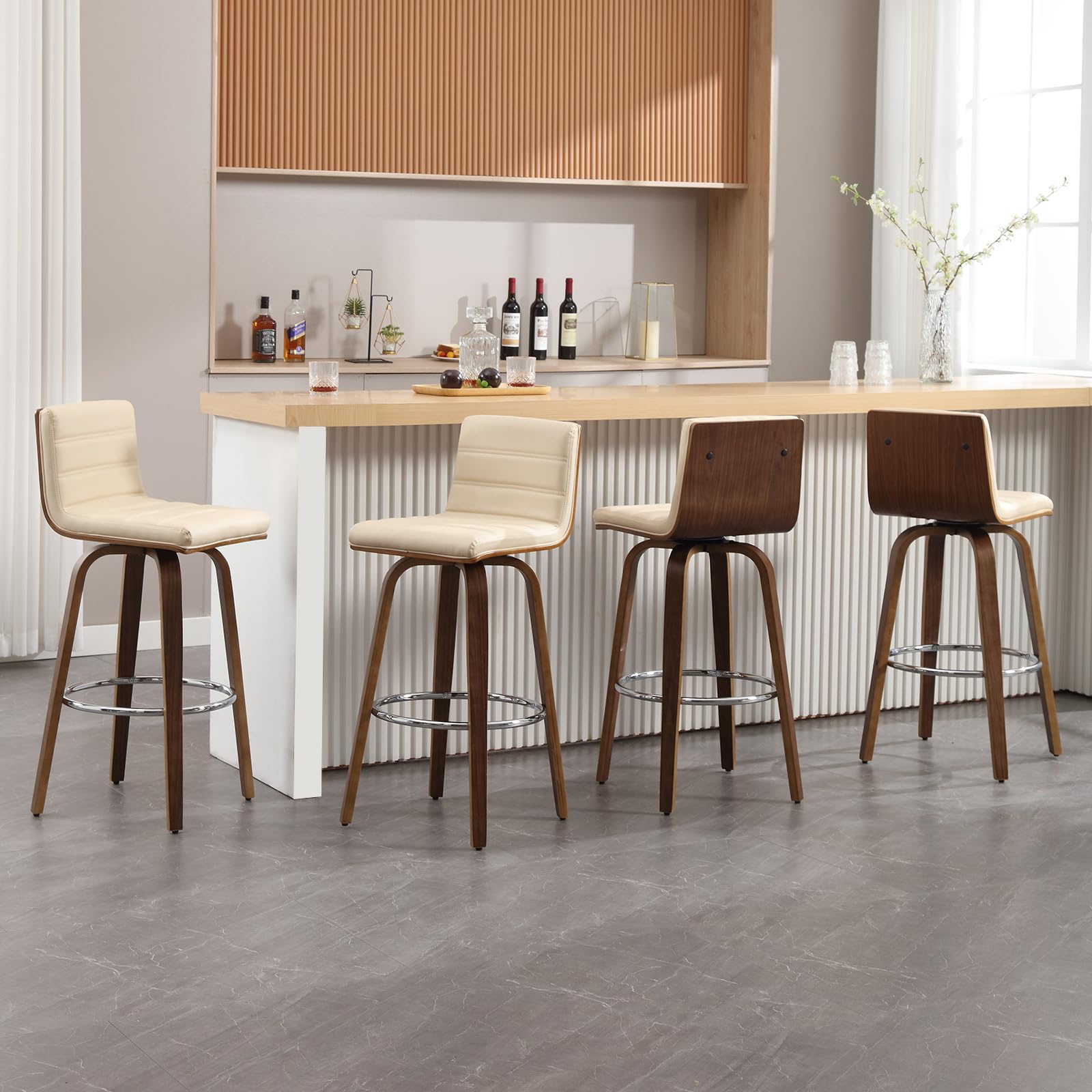 Bar Stools 29 Inch Bar Height, Swivel Bar Stools with Backs Upholstered PU Leather Barstool, L Shape Back and Padded Seat, Mid-Century Modern Bar Stool Pub Chairs for Kitchen Counter Island, Black