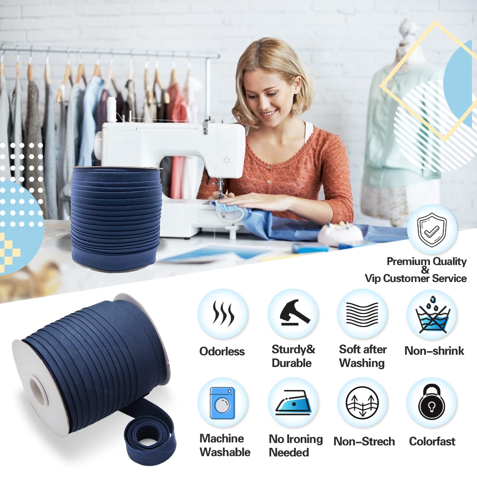 Tewadoo Bias Tape Double Fold 1/2 Inch - Black 55 Yards Polyester Binding Tape for Sewing, Quilt Binding, Hemming, Seaming and Fabric Piping