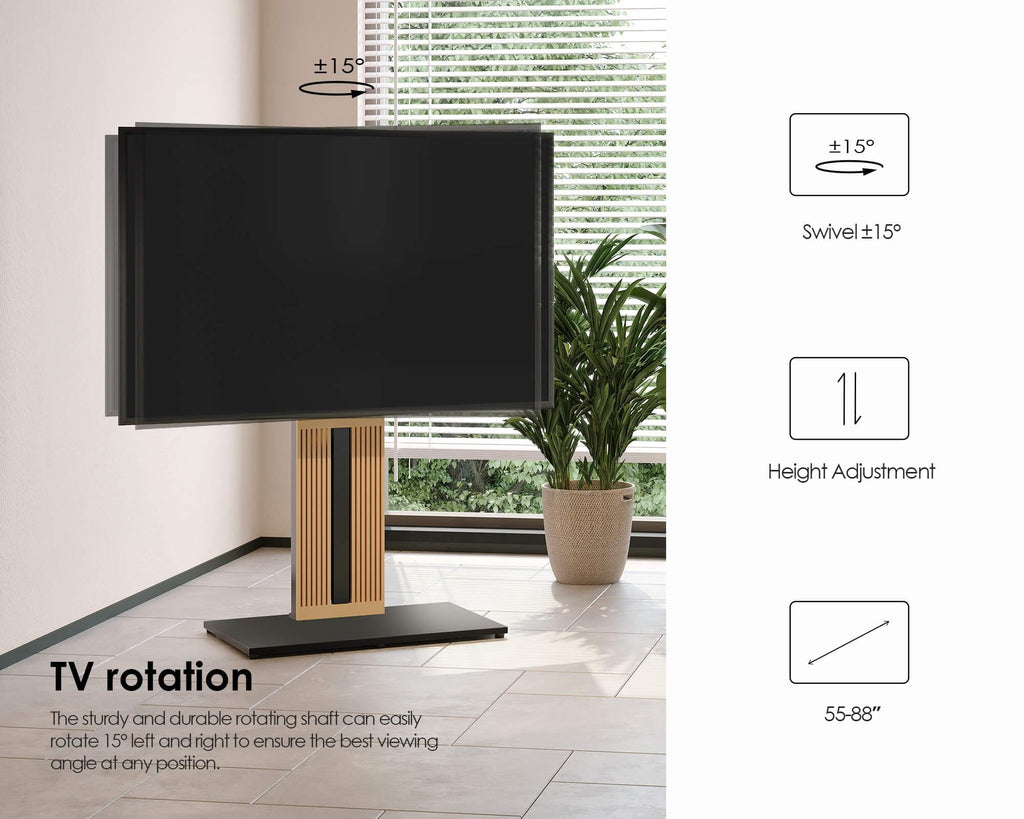 FITUEYES Wood TV Stand Swivel Mount with Hidden Back Storage for 32-65 inch TV Screens, Scandinavian Style Tall Floor TV Stand for Home Decor with Reinforced Base, Zen Series, Black