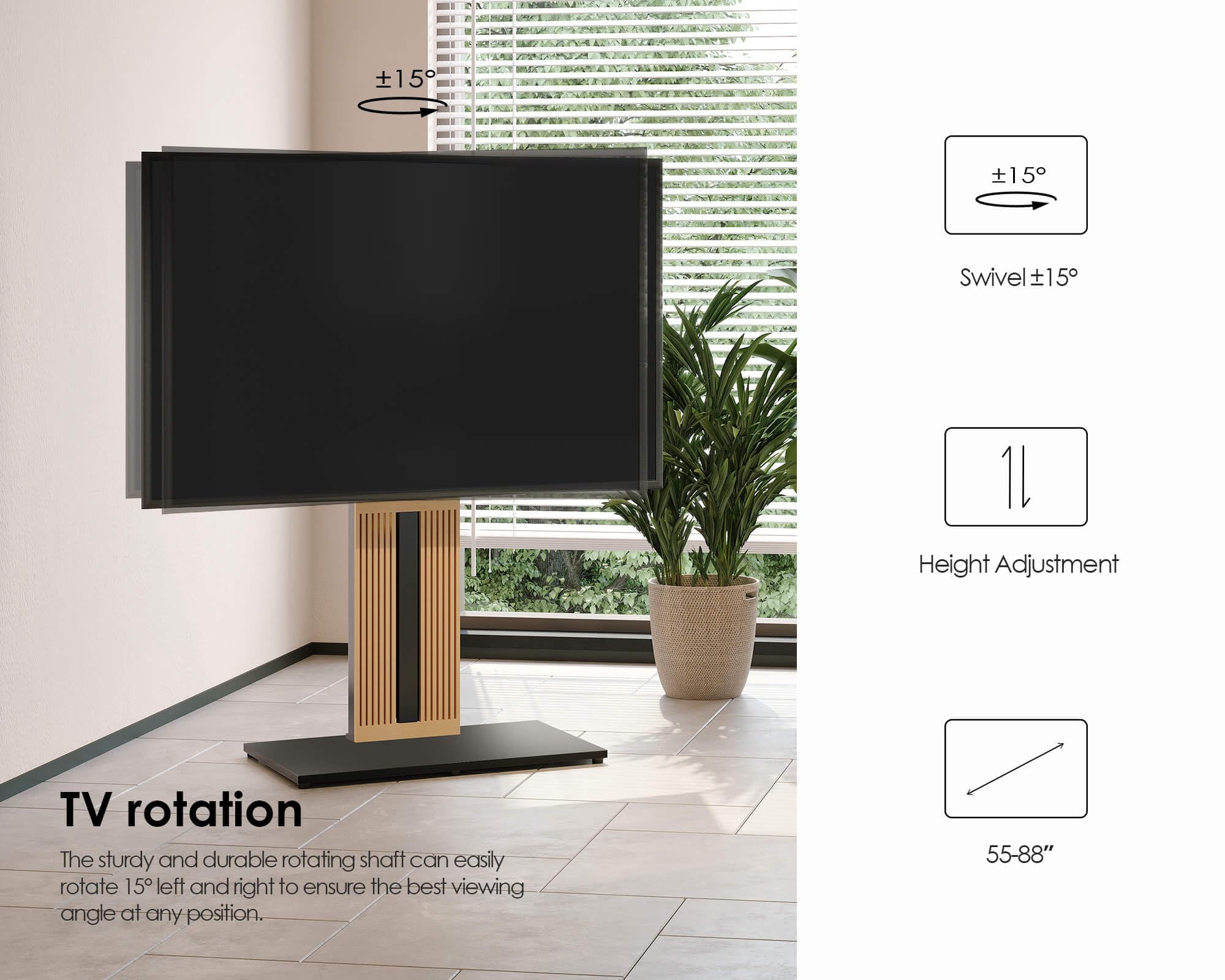 FITUEYES Wood TV Stand Swivel Mount with Hidden Back Storage for 32-65 inch TV Screens, Scandinavian Style Tall Floor TV Stand for Home Decor with Reinforced Base, Zen Series, Black