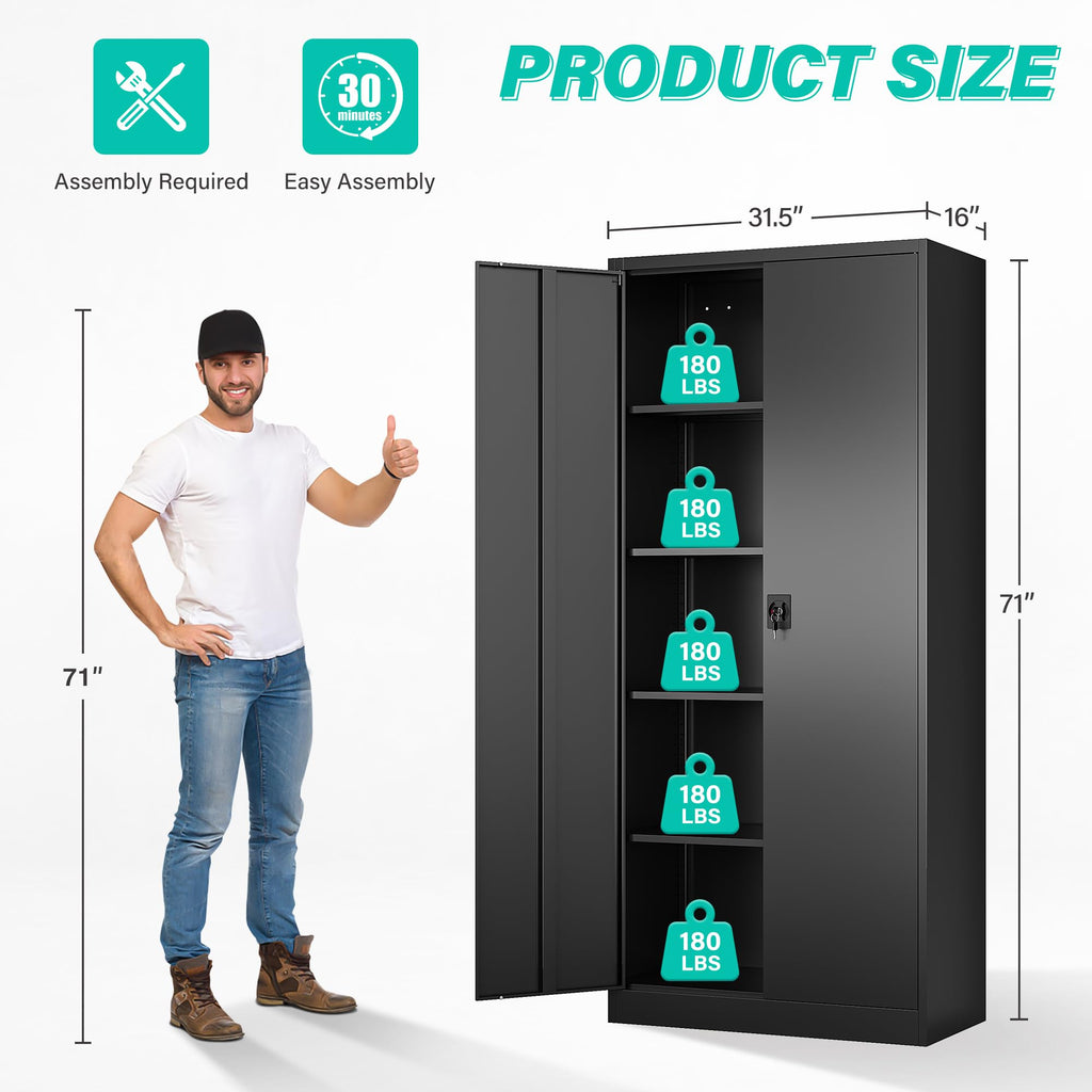 SISESOL Wide & Deep Metal Storage Cabinet with Wheels,Tall Rolling Garage Storage Cabinet with Lock,Black Metal Cabinets with Pegboards and Shelves,Tool Locker for Garage,Home,Office,43''Wx 20''Dx71"H
