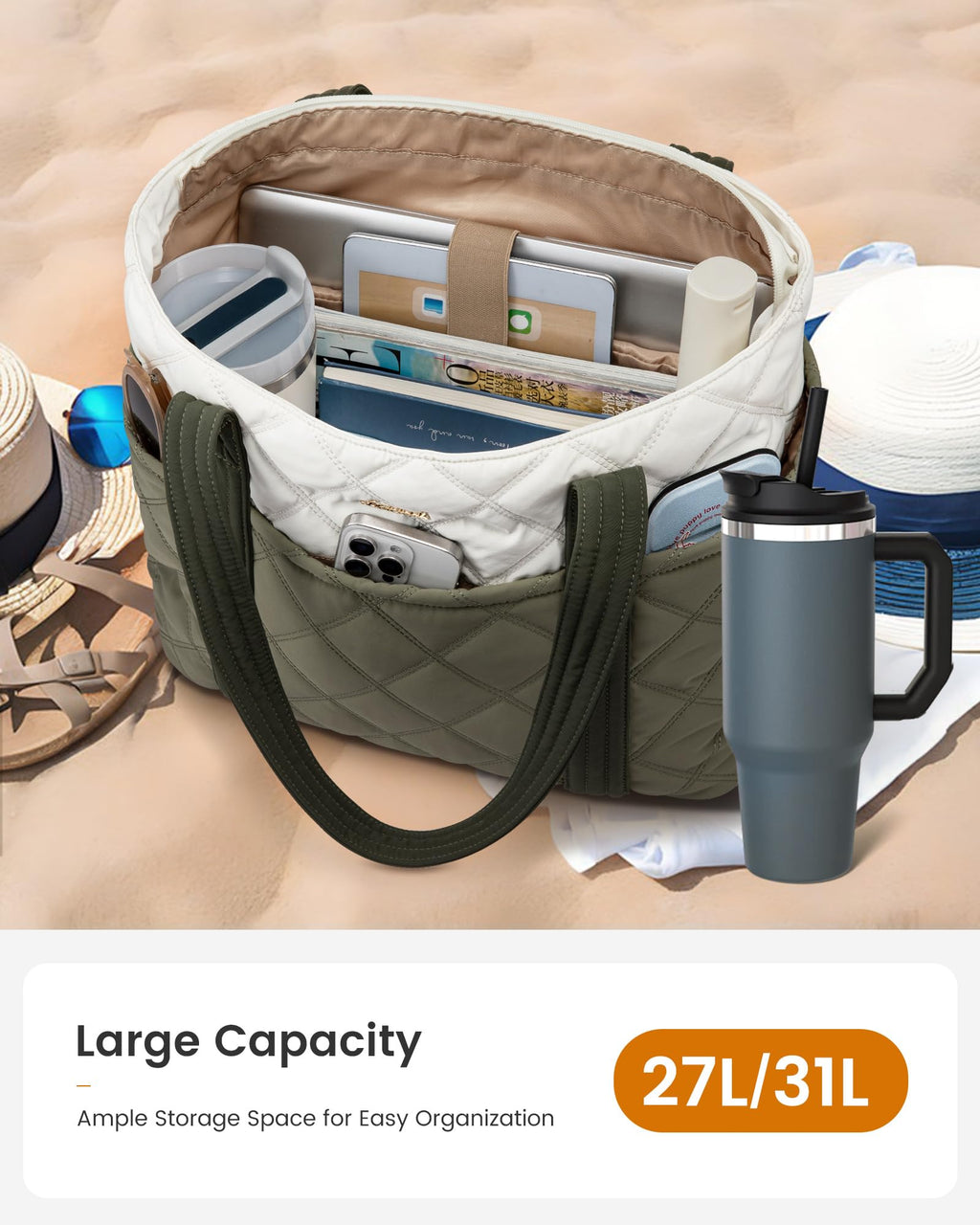 LOVEVOOK Puffer Tote Bag for Women, Puffy Work Handbag with Cup Holder, Travel Carry On Bag with Zipper for Teacher Nurse Gym