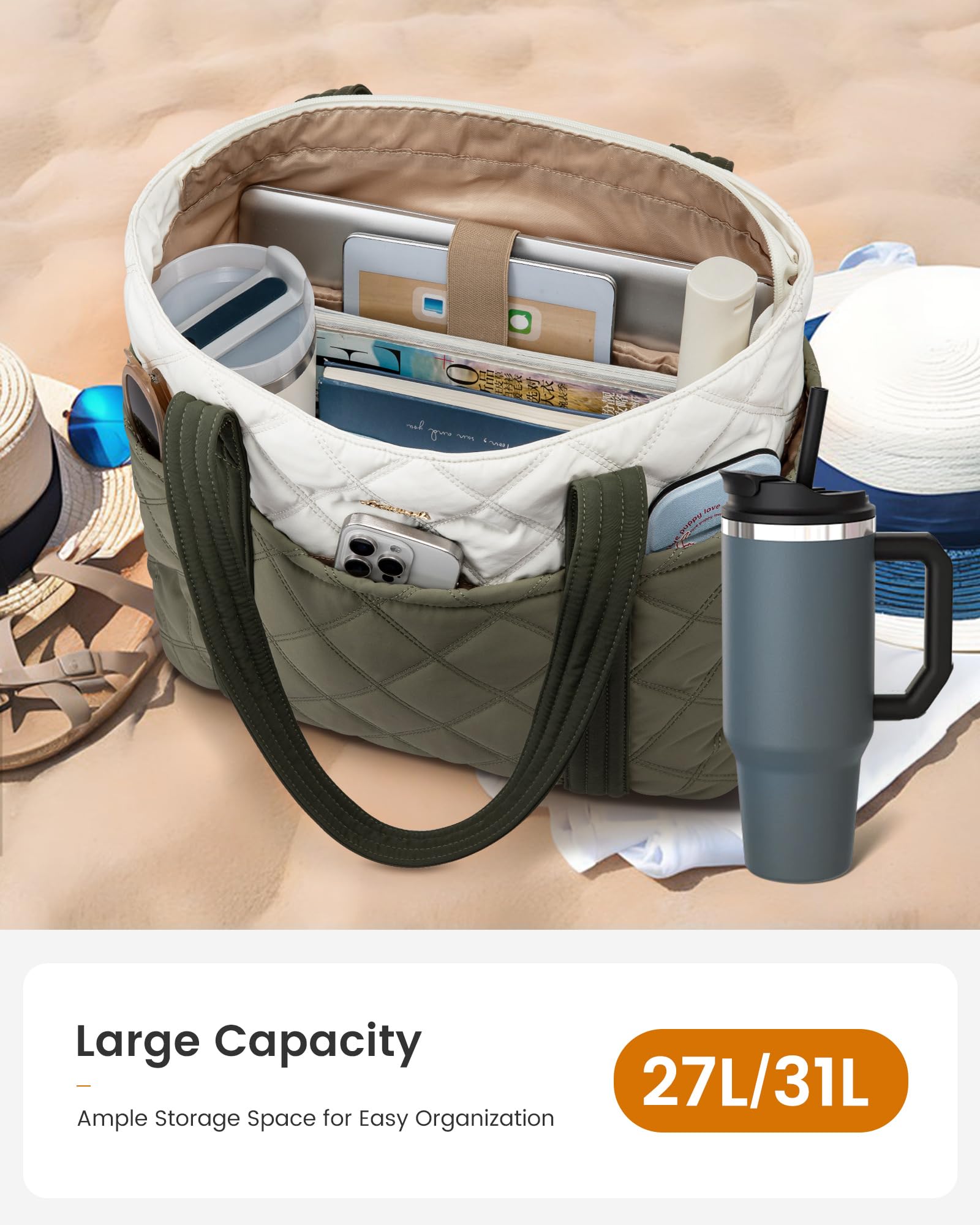 LOVEVOOK Puffer Tote Bag for Women, Puffy Work Handbag with Cup Holder, Travel Carry On Bag with Zipper for Teacher Nurse Gym