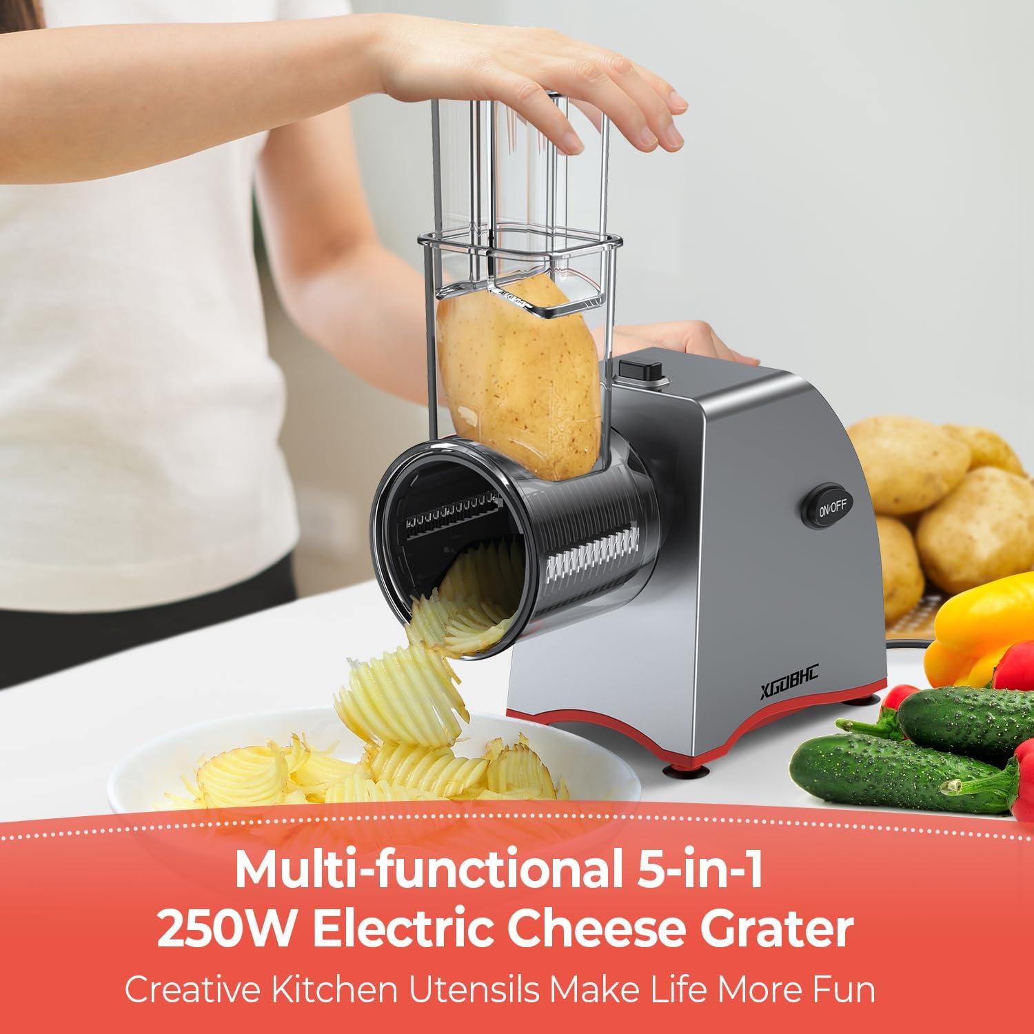 Electric Cheese Grater, Salad Maker with 5 Replaceable Multi-use Blades, 250W Electric Cheese Shredder, One-Touch Kitchen Slicer Salad Machine for Vegetables, Fruits, Cheeses, Nuts