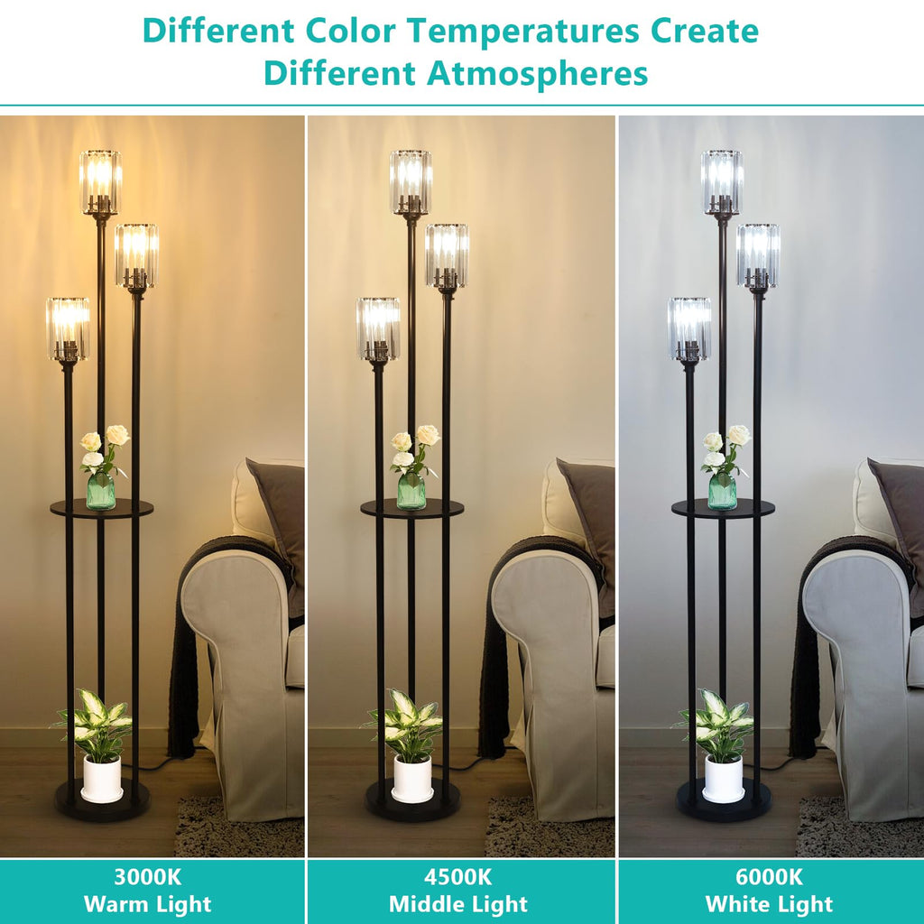 HMVPL Gold Floor Lamps for Living Room, Modern Floor Lamp with Shelves, Crystal Standing Lamps with Table, Brass Tall Lamp with Crystal Shade, On/Off Switch, Mid Century Corner Floor Lamp for Bedroom