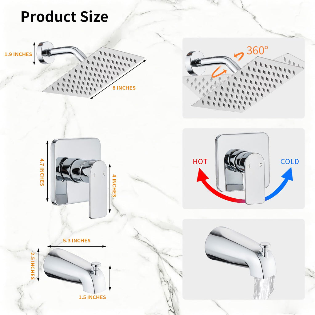 Gold Brushed Tub Shower Faucet Set With 8" Shower Head & Spout