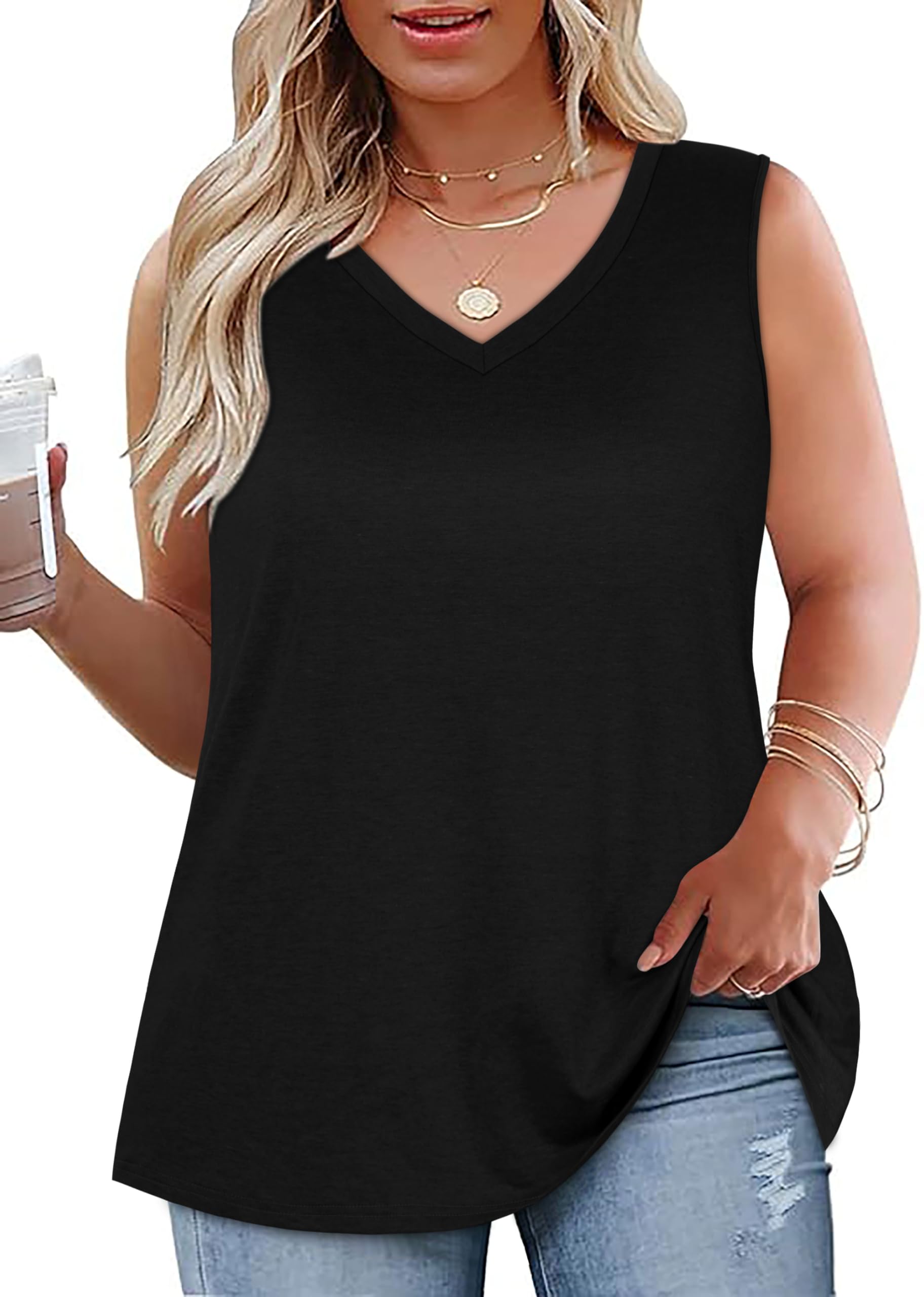 Plus Size Tanks Women Summer Top V Neck Sleeveless Top Loose Fit Tee Workout Shirts 2026