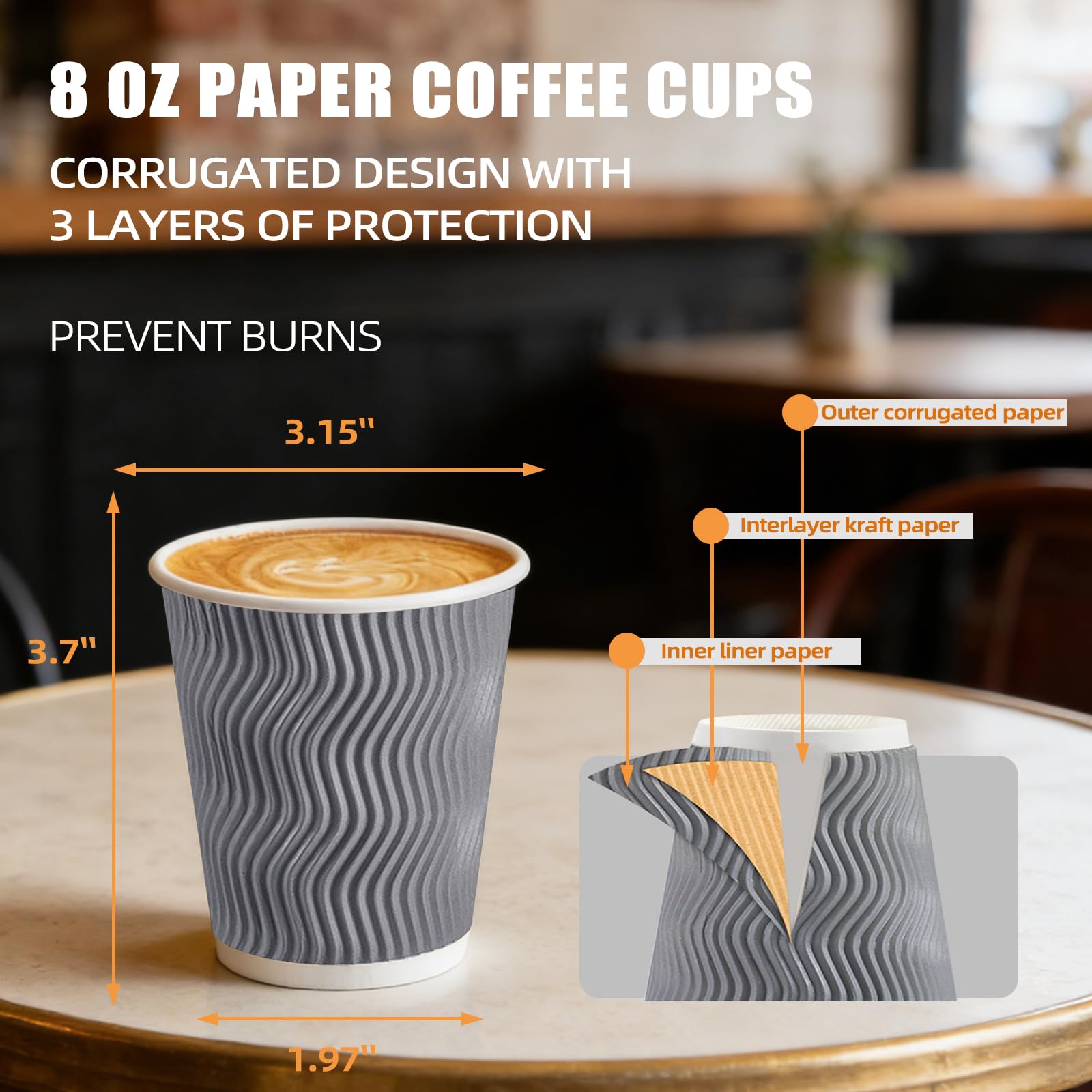 BYSNOW 100 Pack 10 oz Coffee Cups with Lids, Disposable Insulated Hot Cups To Go Paper Coffee Cups, Corrugated Ripple Wall Cup for Hot Drink, Office, Coffee Bar (Grey 10 oz)