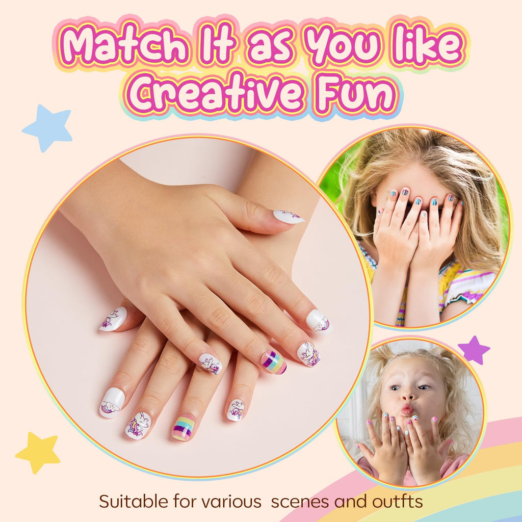 Modelones Press on Nails for Kids 144Pcs 6 Pack Children Acrylic Fake Nails Pre-glue Full Cover Glitter Gradient Color Heart Cat Short False Nail Art Kits Sets Christmas Gifts for Kids Girls