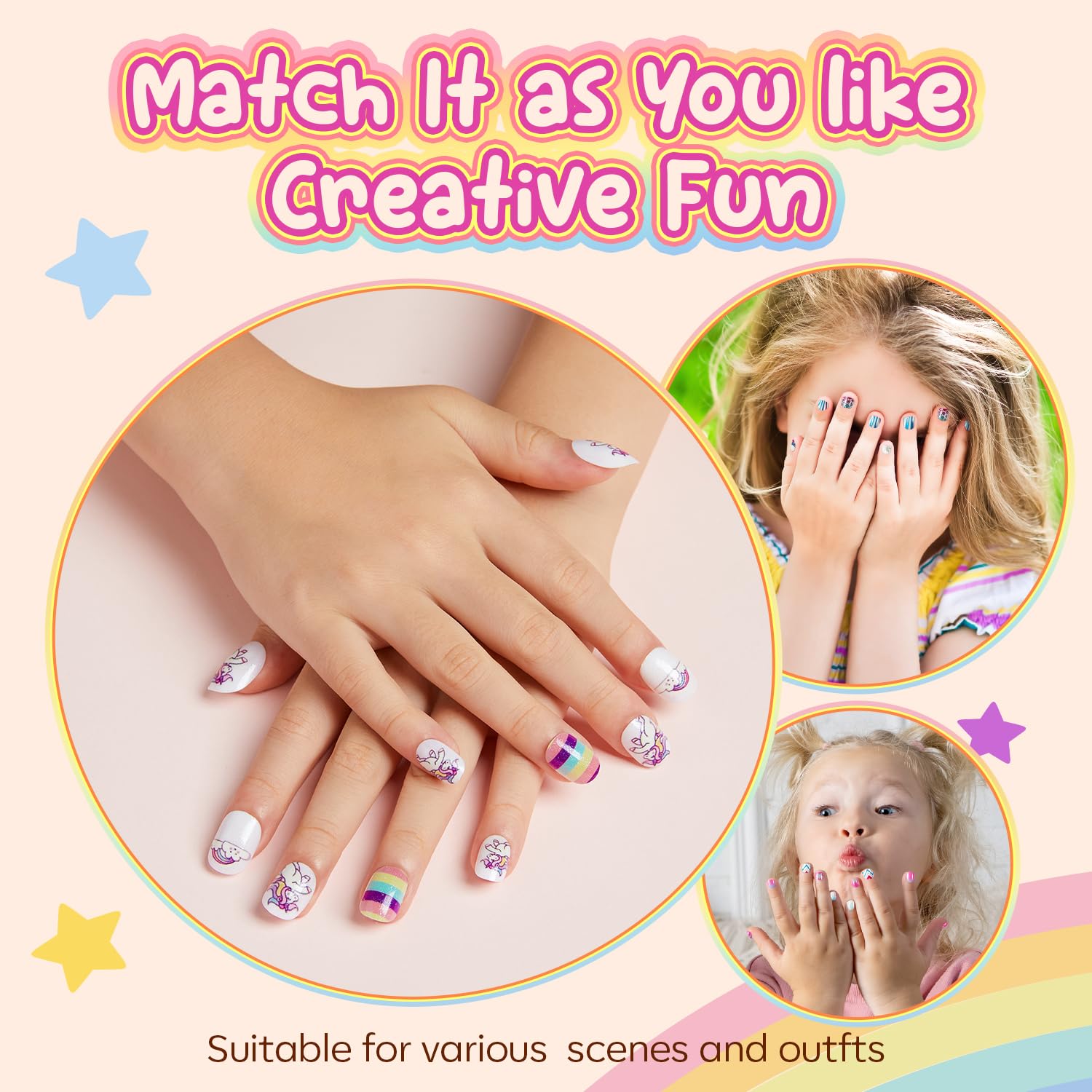 Modelones Press on Nails for Kids 144Pcs 6 Pack Children Acrylic Fake Nails Pre-glue Full Cover Glitter Gradient Color Heart Cat Short False Nail Art Kits Sets Christmas Gifts for Kids Girls