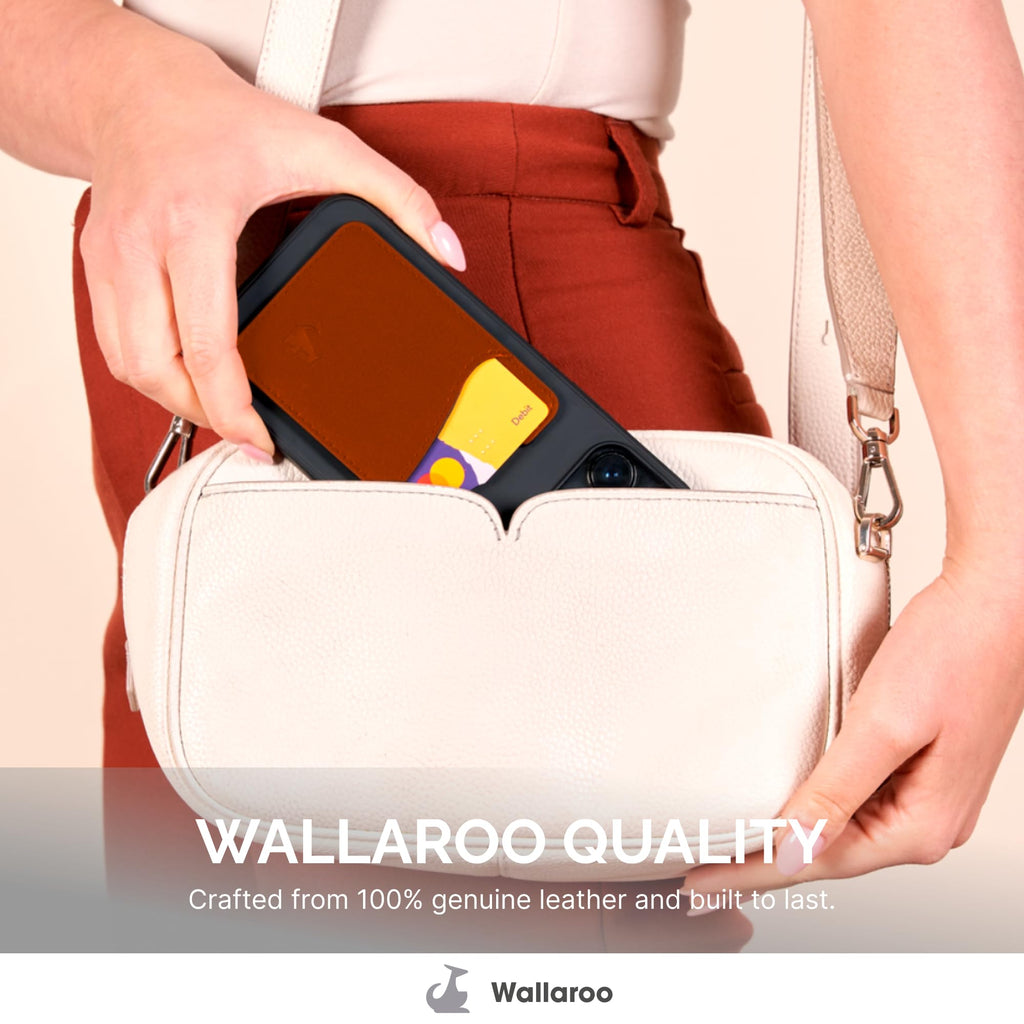 Wallaroo Premium Leather Cell Phone Wallet Stick On - Android and iPhone Wallet and Card Holder for Women and Men - Durable with Non-Slip Lining Secures Up to 3 Cards