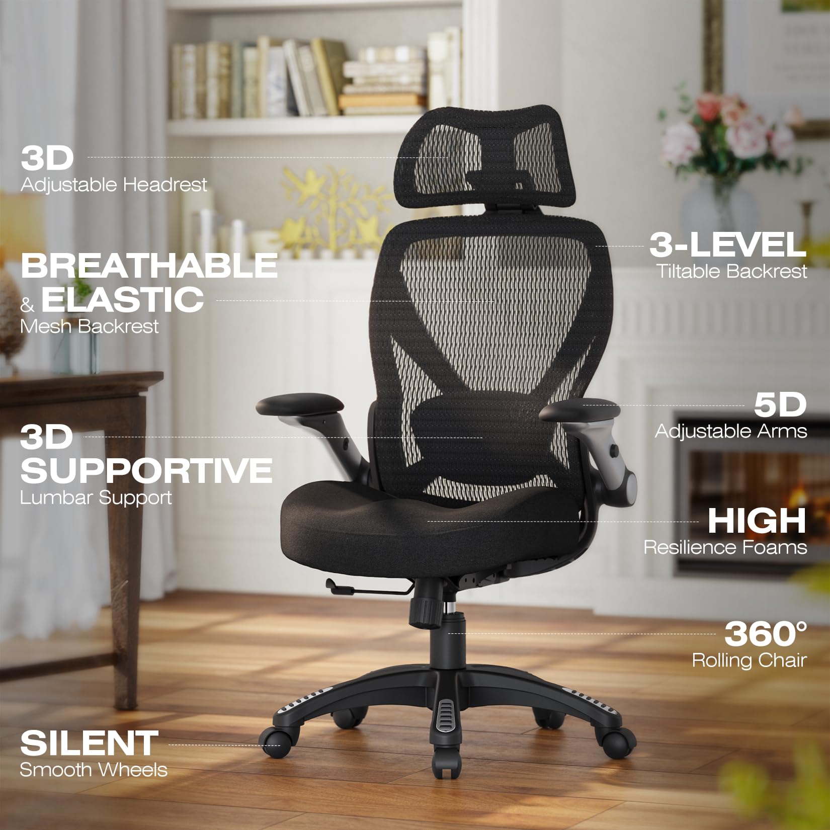 ELABEST X100 Ergonomic Office Chair with Footrest, Big and Tall Home Desk Chair with 5D Flip-Up Arms, Adjustable 3D Lumbar Support,High Back Rolling Computer Chair, Swivel Mesh Chairs (Coffee Break)