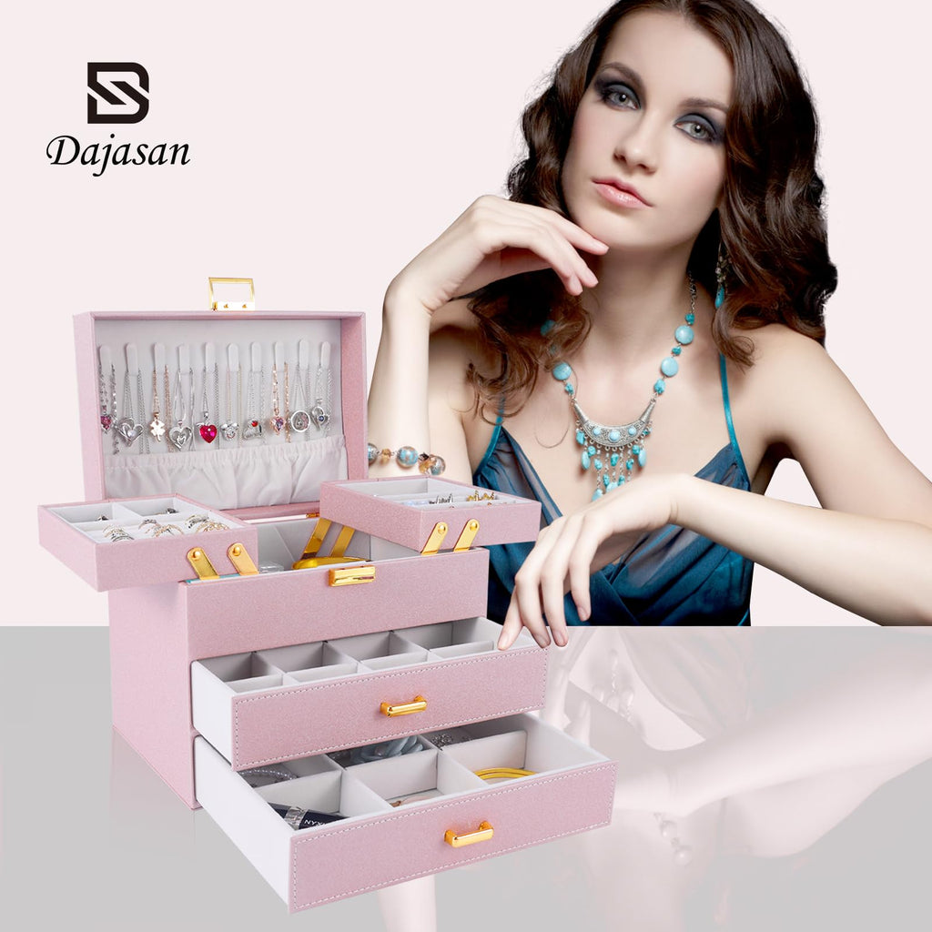 Dajasan Jewelry Organizer Box, Large Jewelry Boxes for Women Girls, Space-Saving 4 Layers Jewelry Storage Case with Drawer, Movable Metal Stand, Modern, Gift Idea (Green)