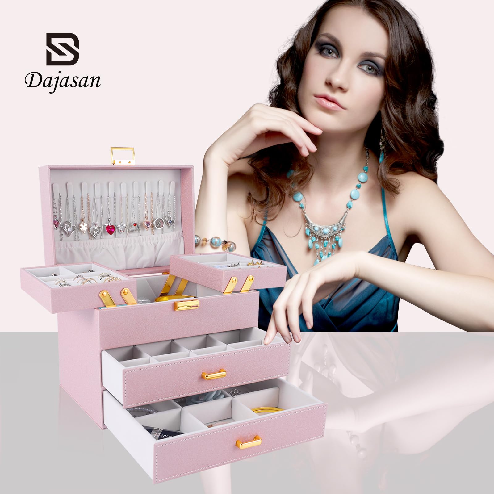 Dajasan Jewelry Organizer Box, Large Jewelry Boxes for Women Girls, Space-Saving 4 Layers Jewelry Storage Case with Drawer, Movable Metal Stand, Modern, Gift Idea (Green)