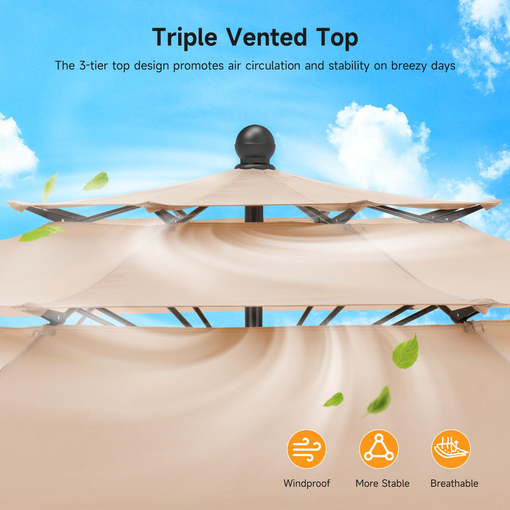 ONBRILL 10 FT Patio Umbrella, 3 Tier Outdoor Table Umbrella with 8 Sturdy Glass Fiber Ribs and Push Button Tilt, Outdoor Patio Umbrellas for Market Pool Garden Backyard, 1.5" Pole, Blue (No Base)