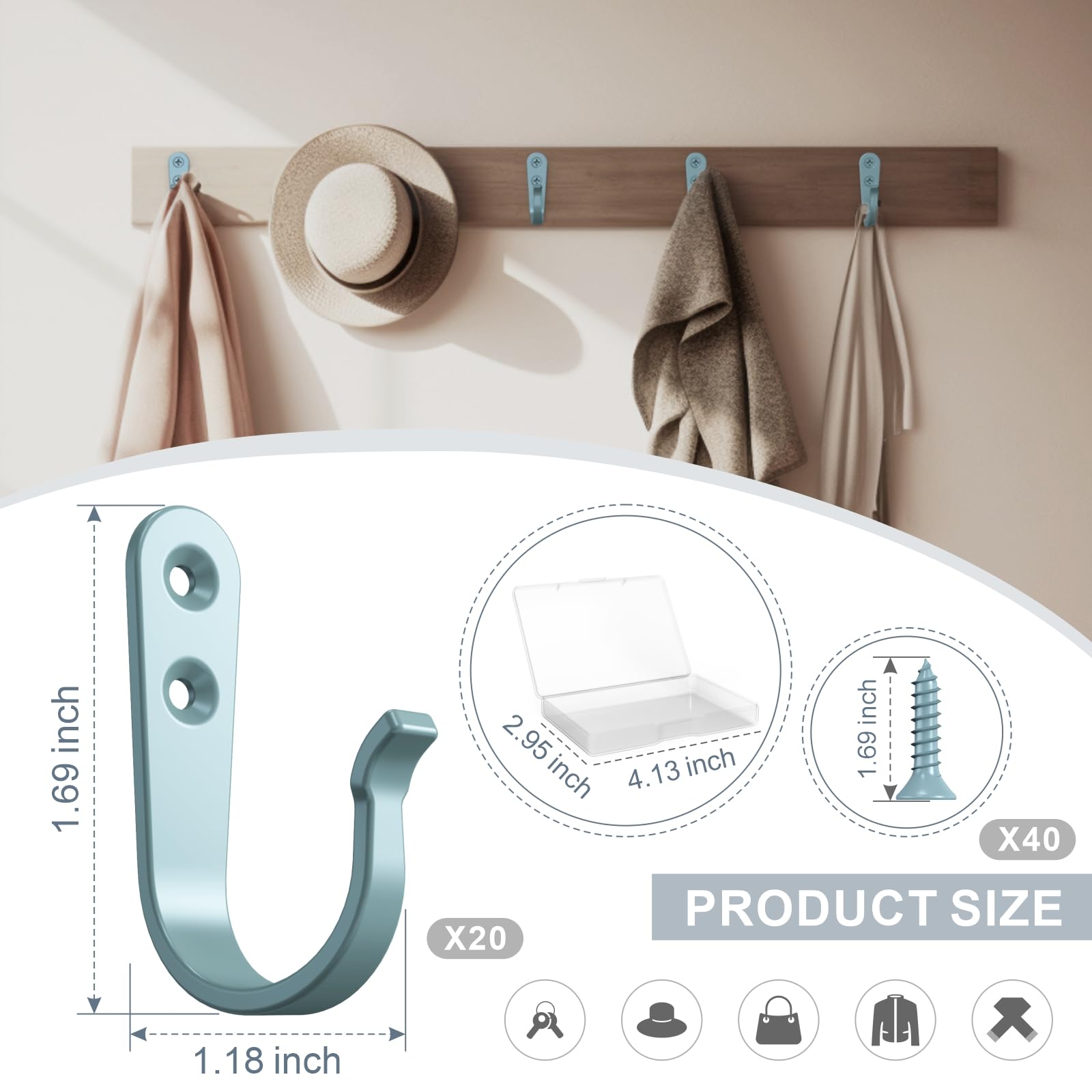BREYDROK 20PCS Heavy Duty Metal Coat Hooks for Wall, Single Prong Hanging Hooks with 40 Screws for Towels, Backpacks, Hats & Dog Leashes
