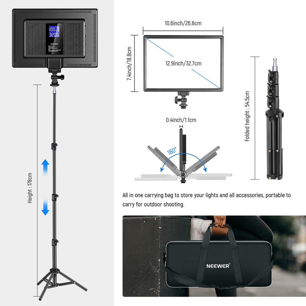 NEEWER RGB168 18.3" RGB LED Video Panel Light with App Control, Bluetooth, 2 Pack Tripod Stand Kit, 60W/360° Full Color/2500-8500K/CRI97+, Studio Photography/YouTube/Game Streaming