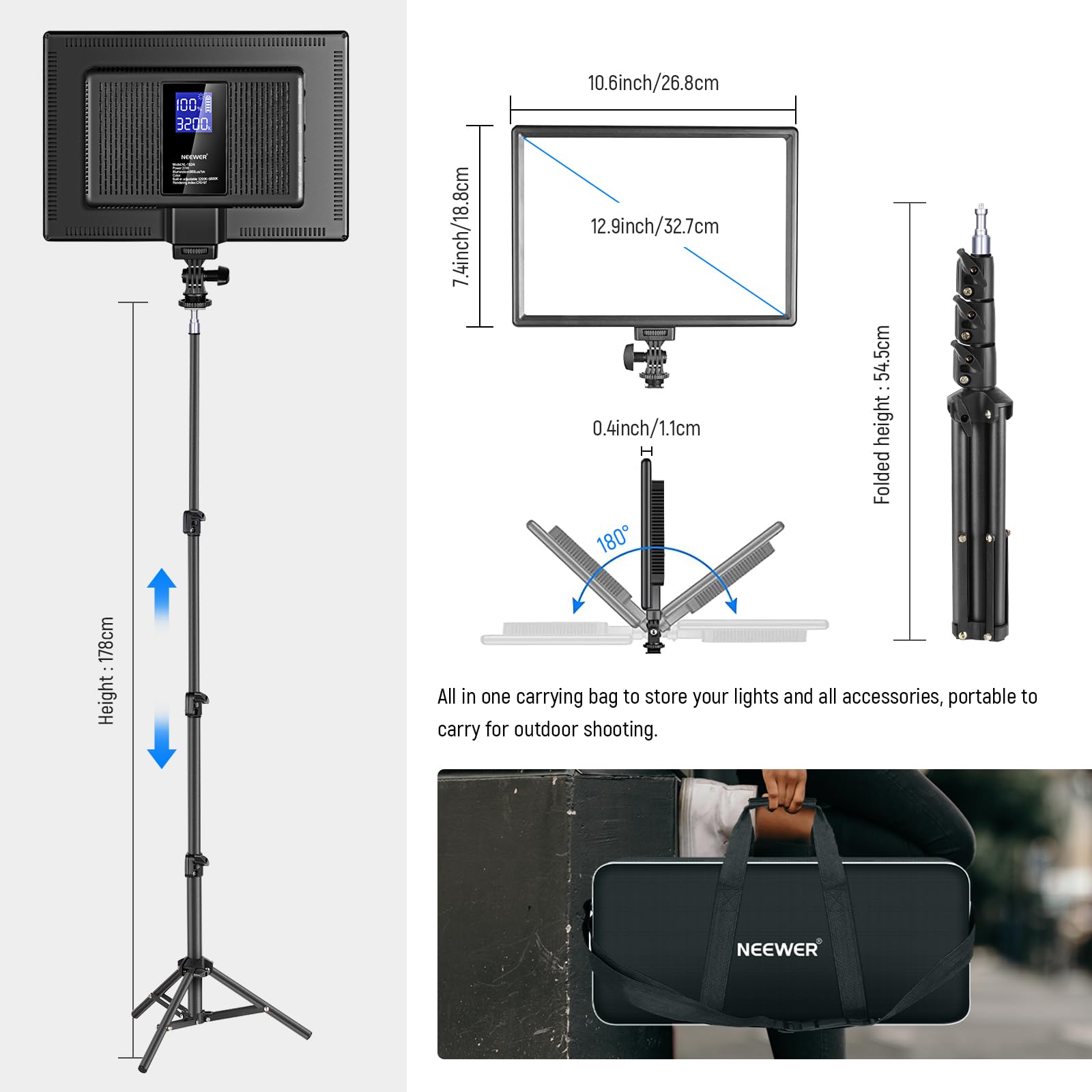 NEEWER RGB168 18.3" RGB LED Video Panel Light with App Control, Bluetooth, 2 Pack Tripod Stand Kit, 60W/360° Full Color/2500-8500K/CRI97+, Studio Photography/YouTube/Game Streaming