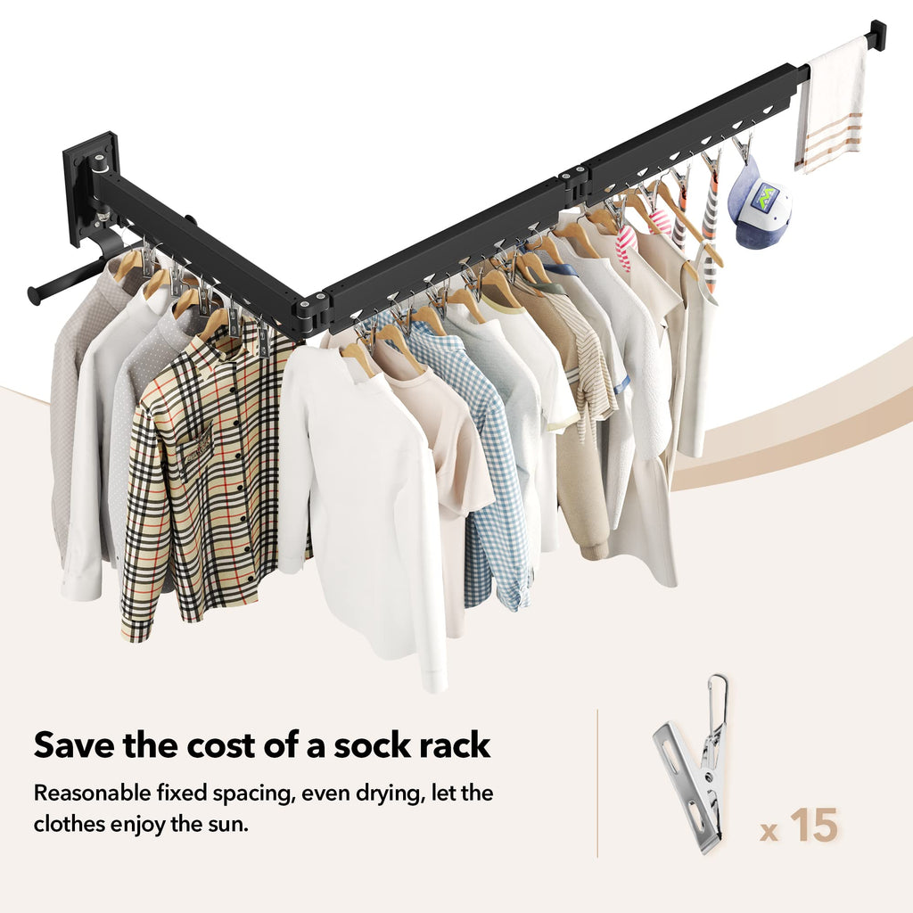 HEILAIYI Clothes Drying Rack for Laundry,Wall Mounted Clothes Hanger Rack,Folding,Retractable,Collapsible(J Shape Hooks)