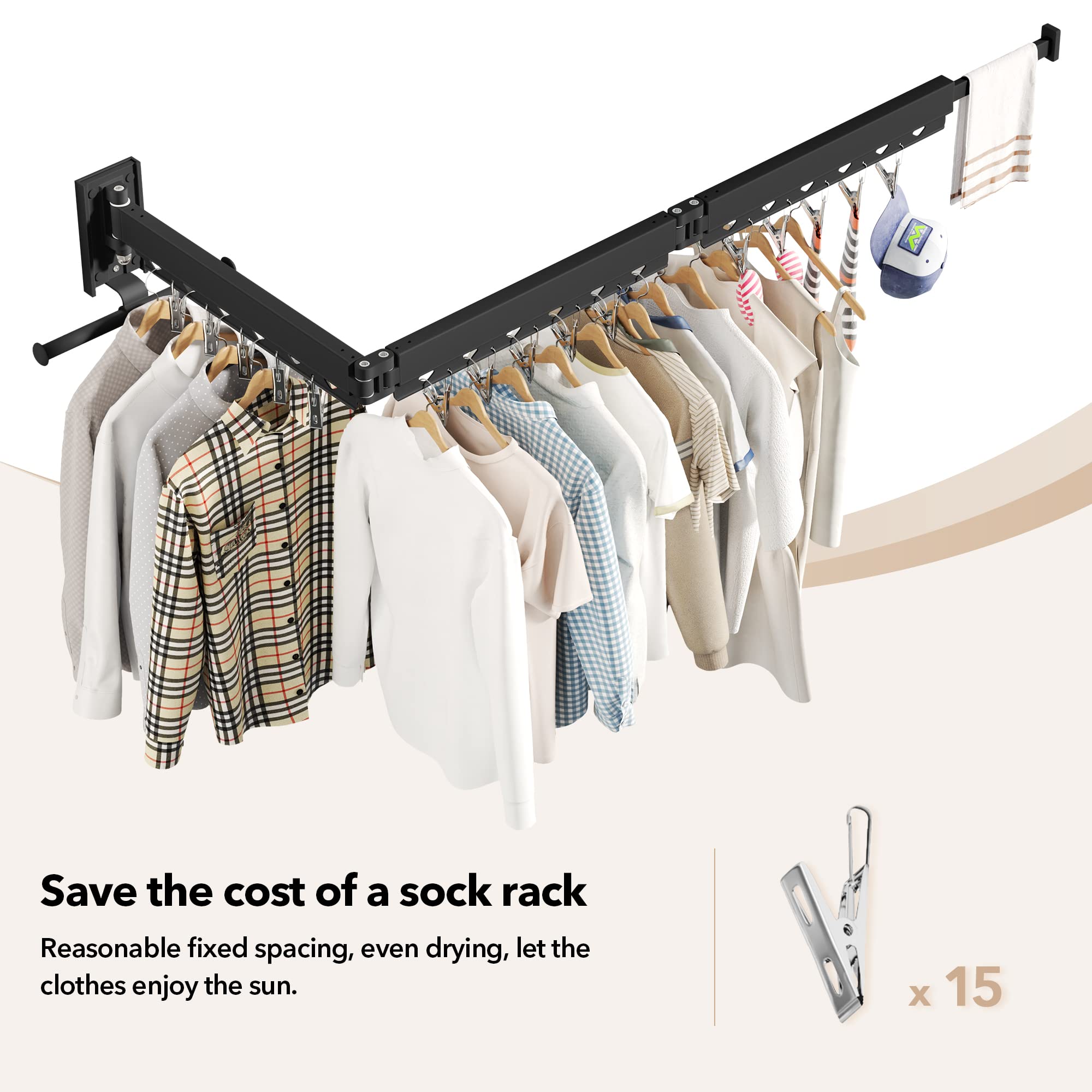 HEILAIYI Clothes Drying Rack for Laundry,Wall Mounted Clothes Hanger Rack,Folding,Retractable,Collapsible(J Shape Hooks)