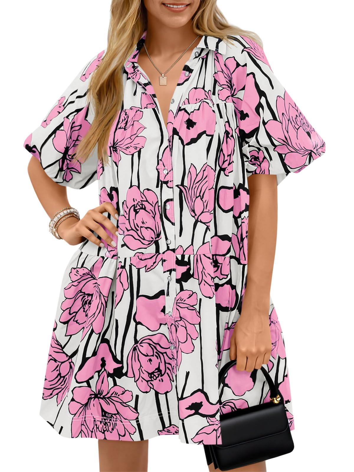 Wenrine Women's Summer Button Down Shirt Dress Floral Puff Short Sleeve Casual Loose Fit Beach Mini Dresses